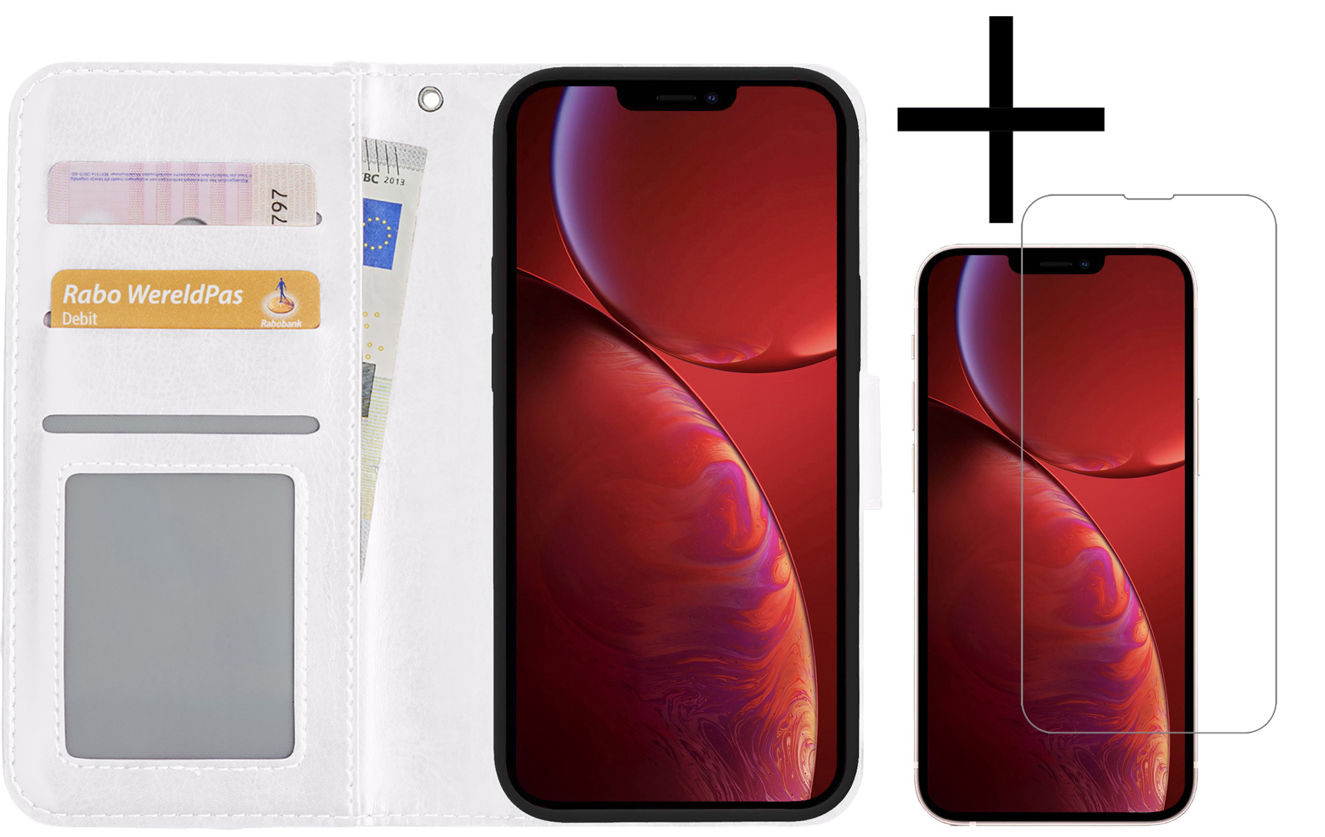 NoXx Hoes Geschikt voor iPhone 14 Hoesje Book Case Hoes Flip Cover Wallet Bookcase Met Screenprotector - Wit