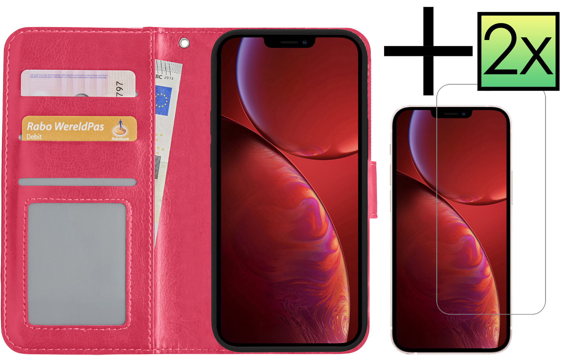 NoXx Hoes Geschikt voor iPhone 14 Hoesje Book Case Hoes Flip Cover Wallet Bookcase Met 2x Screenprotector - Donkerroze