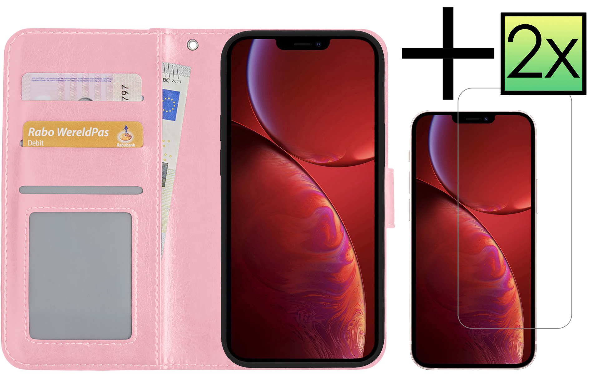 NoXx Hoes Geschikt voor iPhone 14 Hoesje Book Case Hoes Flip Cover Wallet Bookcase Met 2x Screenprotector - Lichtroze