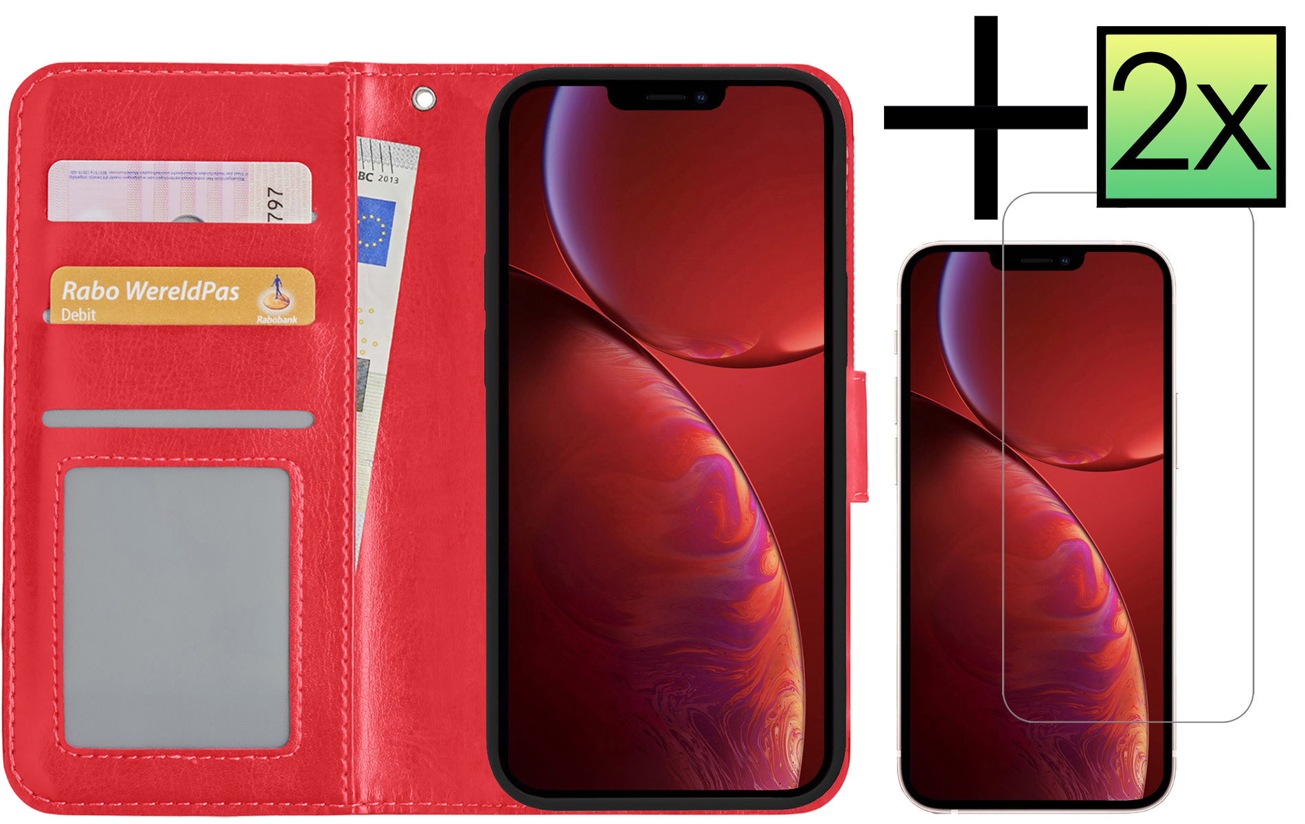 NoXx Hoes Geschikt voor iPhone 14 Hoesje Book Case Hoes Flip Cover Wallet Bookcase Met 2x Screenprotector - Rood
