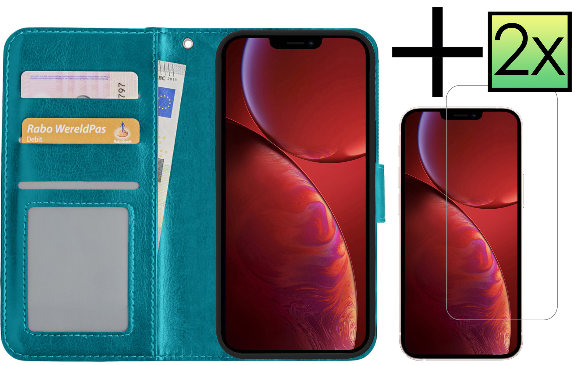NoXx Hoes Geschikt voor iPhone 14 Hoesje Book Case Hoes Flip Cover Wallet Bookcase Met 2x Screenprotector - Turquoise