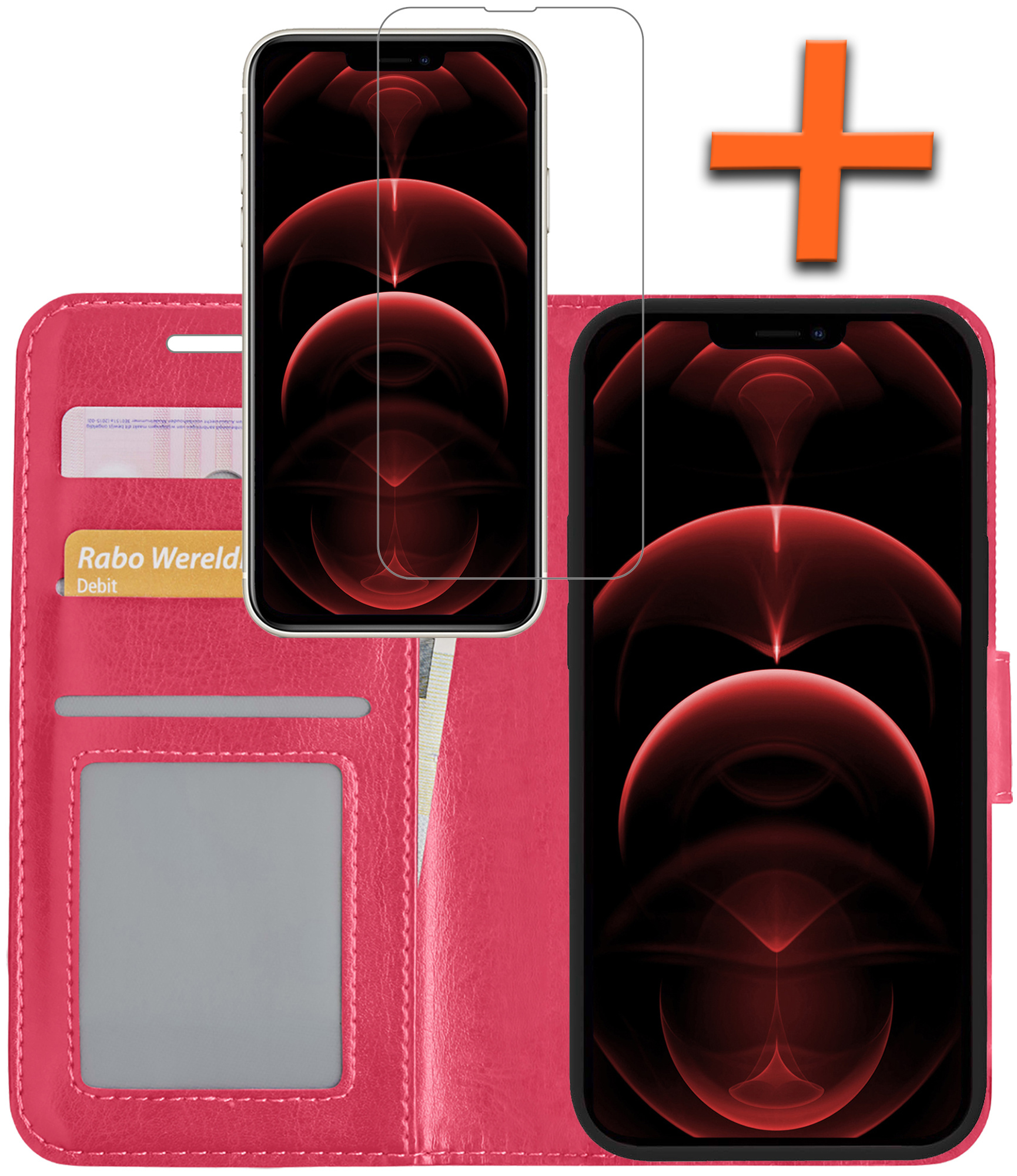 Nomfy Hoesje Geschikt voor iPhone 14 Plus Hoes Bookcase Flipcase Book Cover Met Screenprotector - Hoes Geschikt voor iPhone 14 Plus Hoesje Book Case - Donkerroze