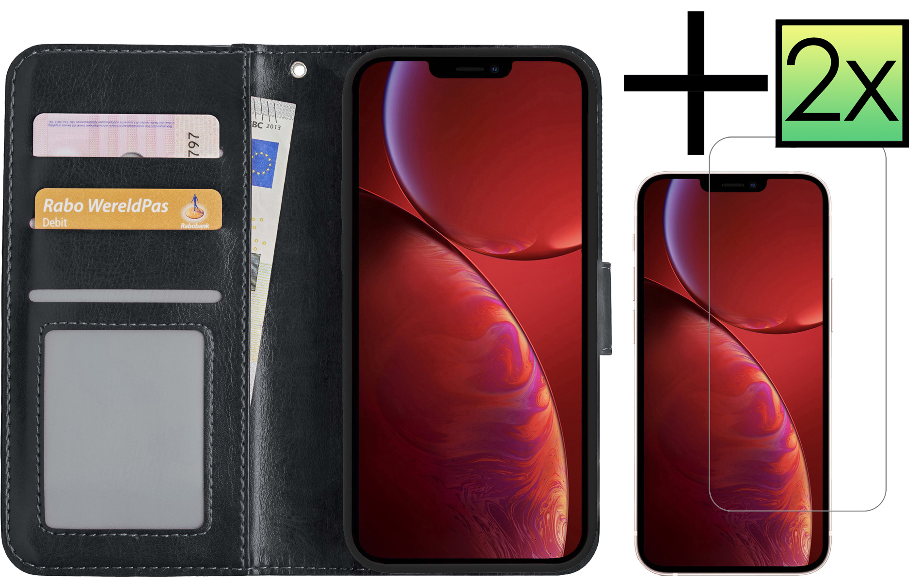 NoXx Hoes Geschikt voor iPhone 14 Plus Hoesje Book Case Hoes Flip Cover Wallet Bookcase Met 2x Screenprotector - Zwart