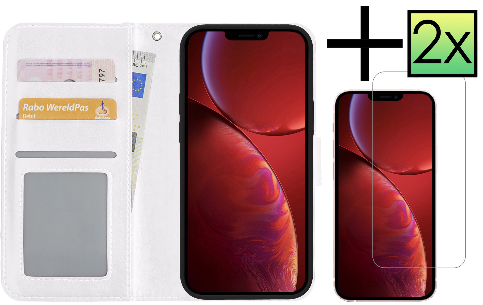 NoXx Hoes Geschikt voor iPhone 14 Plus Hoesje Book Case Hoes Flip Cover Wallet Bookcase Met 2x Screenprotector - Wit