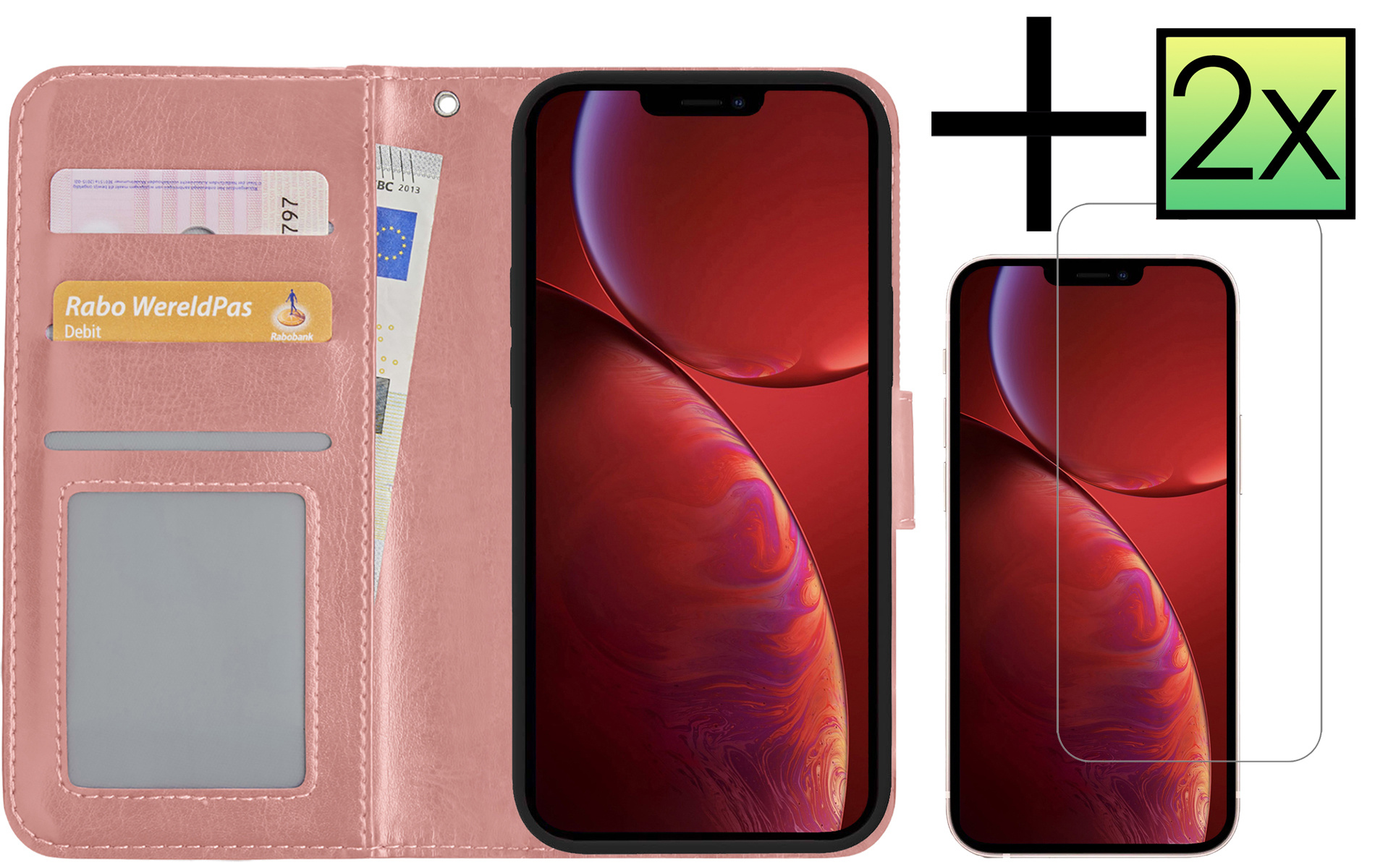 NoXx Hoes Geschikt voor iPhone 14 Plus Hoesje Book Case Hoes Flip Cover Wallet Bookcase Met 2x Screenprotector - Rosé goud