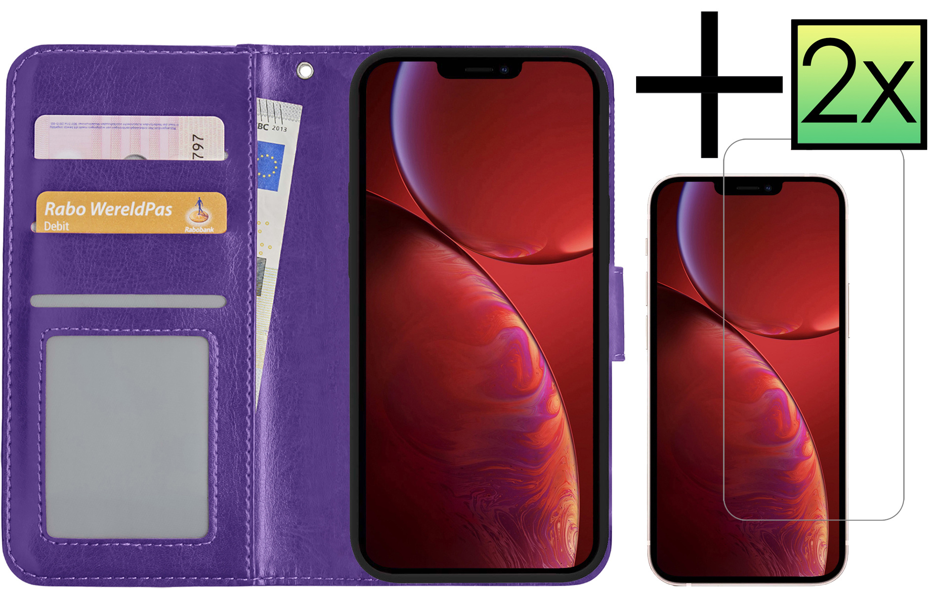NoXx Hoes Geschikt voor iPhone 14 Plus Hoesje Book Case Hoes Flip Cover Wallet Bookcase Met 2x Screenprotector - Paars