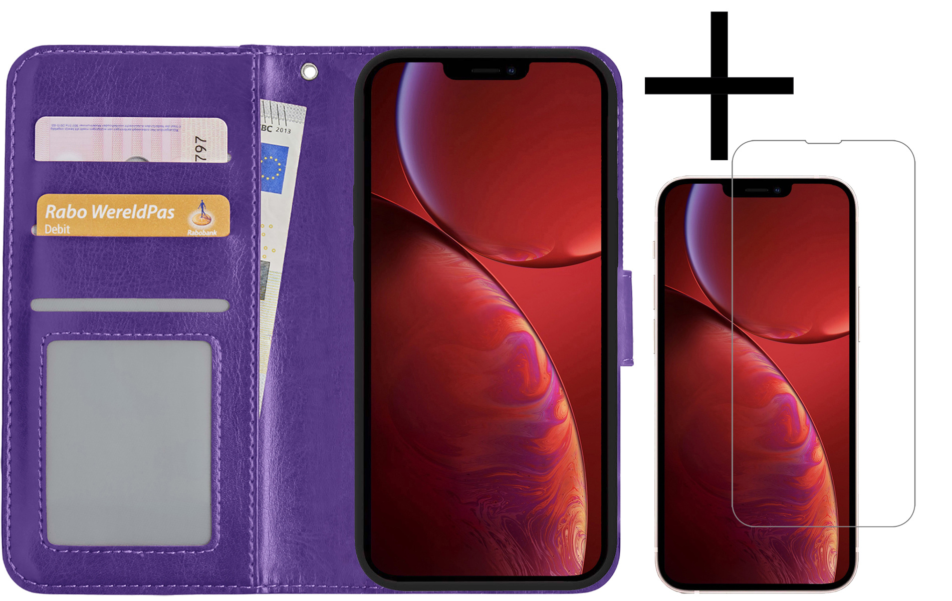 NoXx Hoes Geschikt voor iPhone 14 Plus Hoesje Book Case Hoes Flip Cover Wallet Bookcase Met Screenprotector - Paars