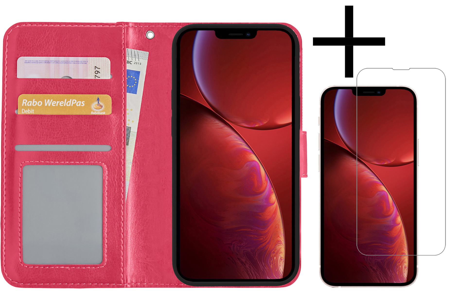 NoXx Hoes Geschikt voor iPhone 14 Plus Hoesje Book Case Hoes Flip Cover Wallet Bookcase Met Screenprotector - Donkerroze