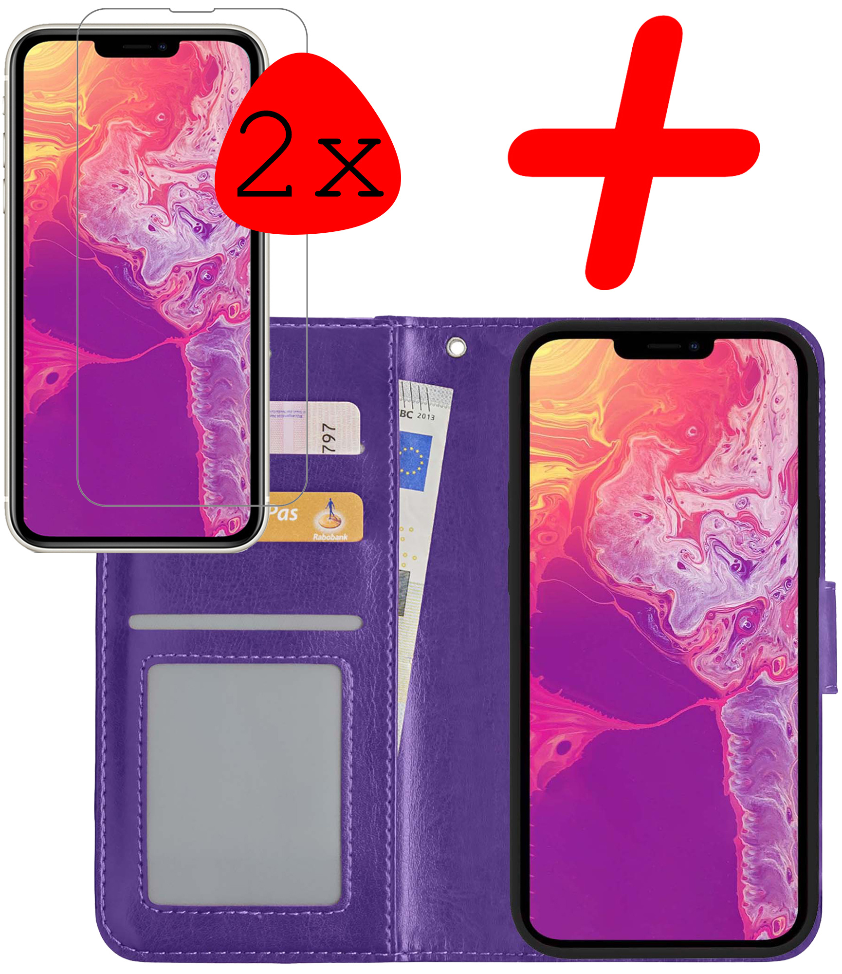 BASEY. Hoes Geschikt voor iPhone 14 Plus Hoesje Bookcase Hoes Flip Case Book Cover Met 2x Screenprotector - Hoesje Geschikt voor iPhone 14 Plus Hoes Book Case Hoesje - Paars