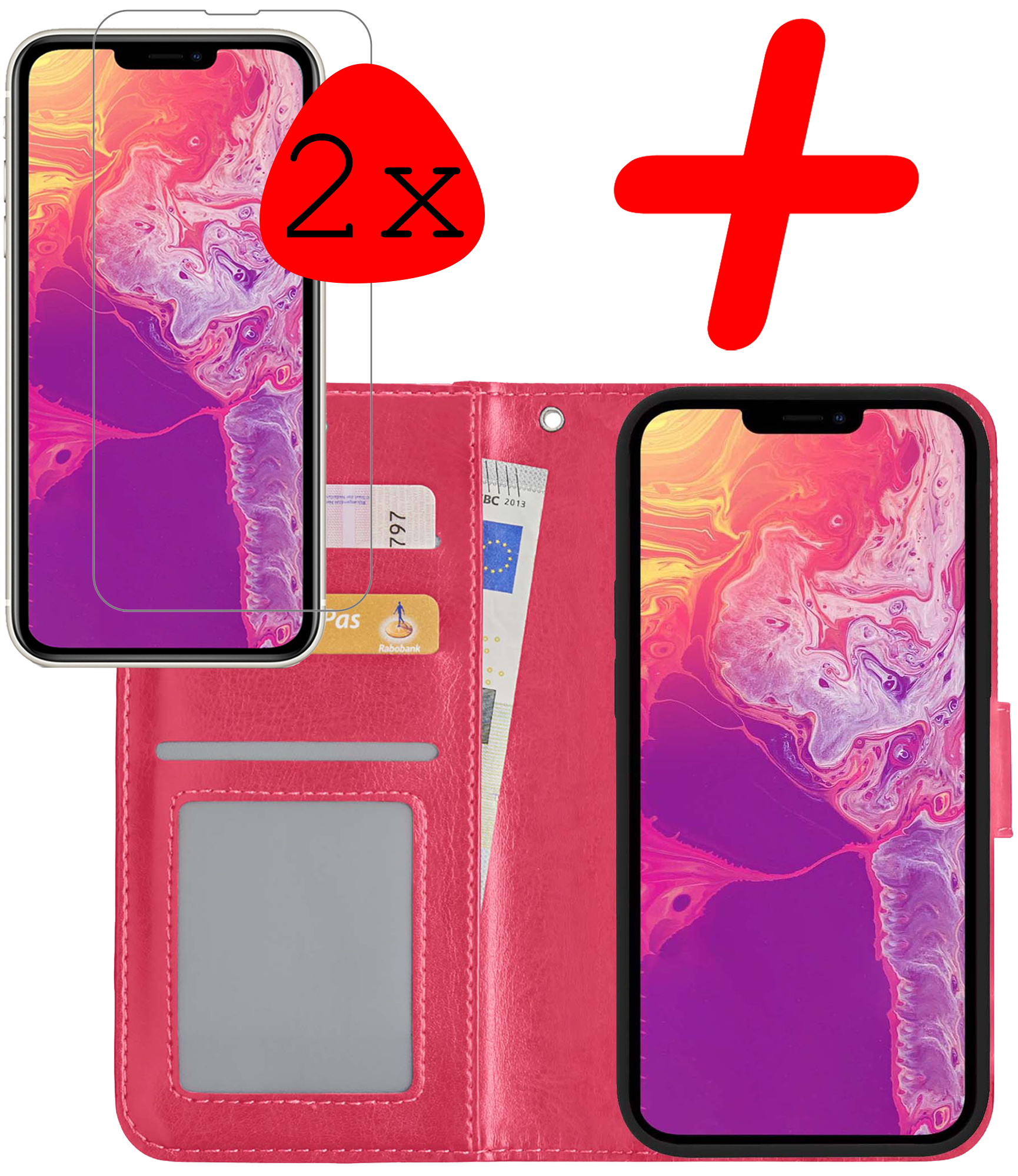 BASEY. Hoes Geschikt voor iPhone 14 Plus Hoesje Bookcase Hoes Flip Case Book Cover Met 2x Screenprotector - Hoesje Geschikt voor iPhone 14 Plus Hoes Book Case Hoesje - Donkerroze
