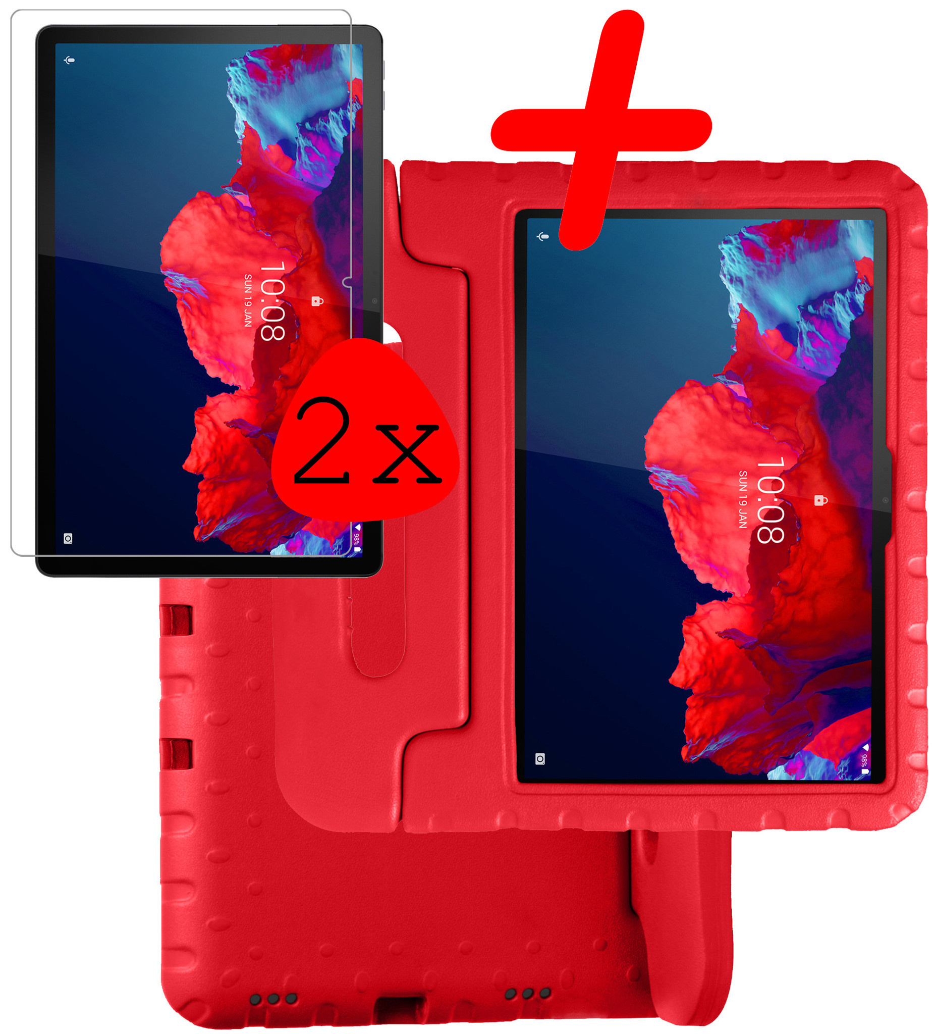BASEY. Hoesje Geschikt voor Lenovo Tab P11 Plus Hoesje Kinder Hoes Shockproof Kinderhoes Met 2x Screenprotector - Kindvriendelijk Hoesje Geschikt voor Lenovo Tab P11 Plus Hoes Kids Case - Rood