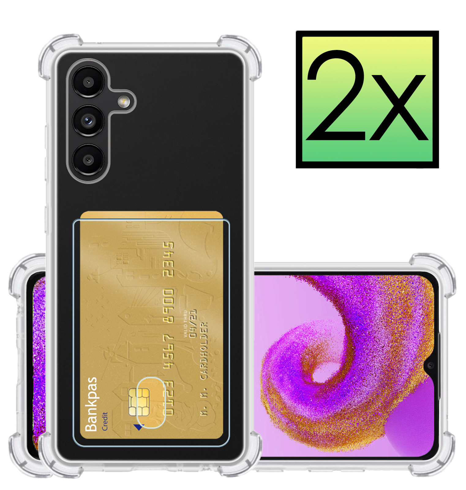 NoXx Hoes Geschikt voor Samsung A04s Hoesje Pasjeshouder Cover Shock Proof Case Siliconen Hoes Met Kaarthouder - Transparant - 2x