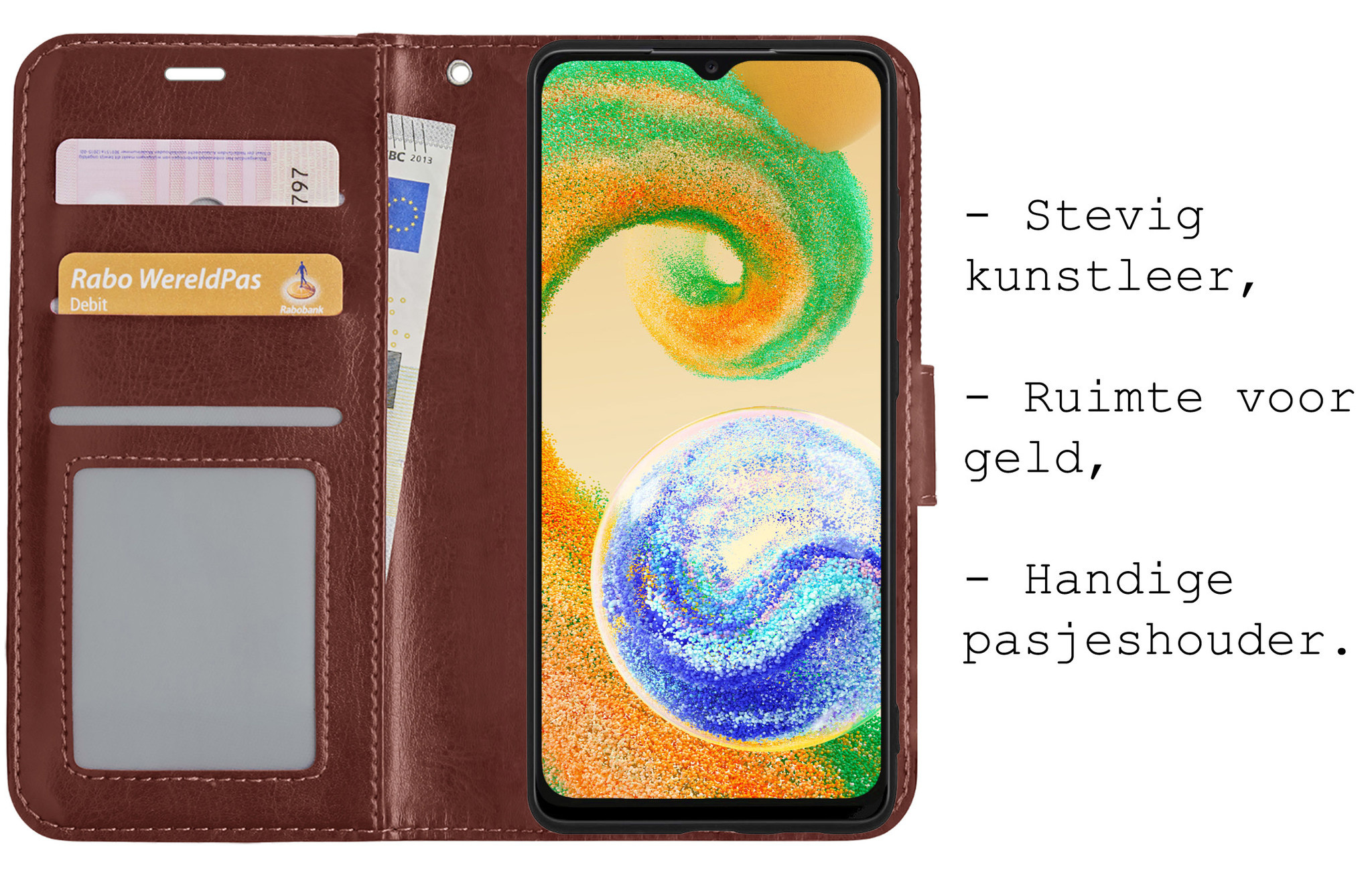 BASEY. Hoes Geschikt voor Samsung A04s Hoesje Bookcase Hoes Flip Case Book Cover Met Screenprotector - Hoesje Geschikt voor Samsung Galaxy A04s Hoes Book Case Hoesje - Bruin