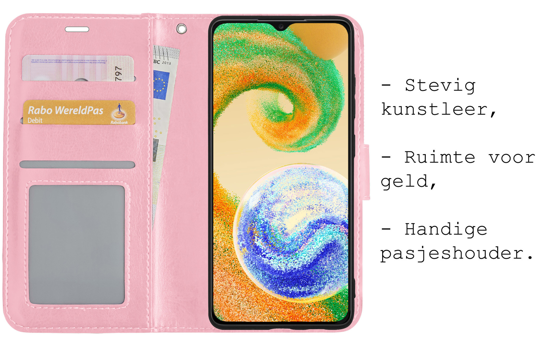 BASEY. Hoes Geschikt voor Samsung A04s Hoesje Bookcase Hoes Flip Case Book Cover Met Screenprotector - Hoesje Geschikt voor Samsung Galaxy A04s Hoes Book Case Hoesje - Lichtroze