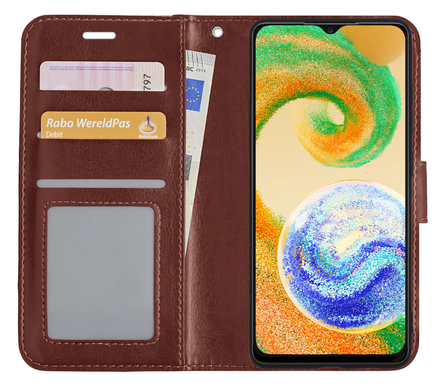 BASEY. Hoes Geschikt voor Samsung A04s Hoesje Bookcase Hoes Flip Case Book Cover Met 2x Screenprotector - Hoesje Geschikt voor Samsung Galaxy A04s Hoes Book Case Hoesje - Bruin