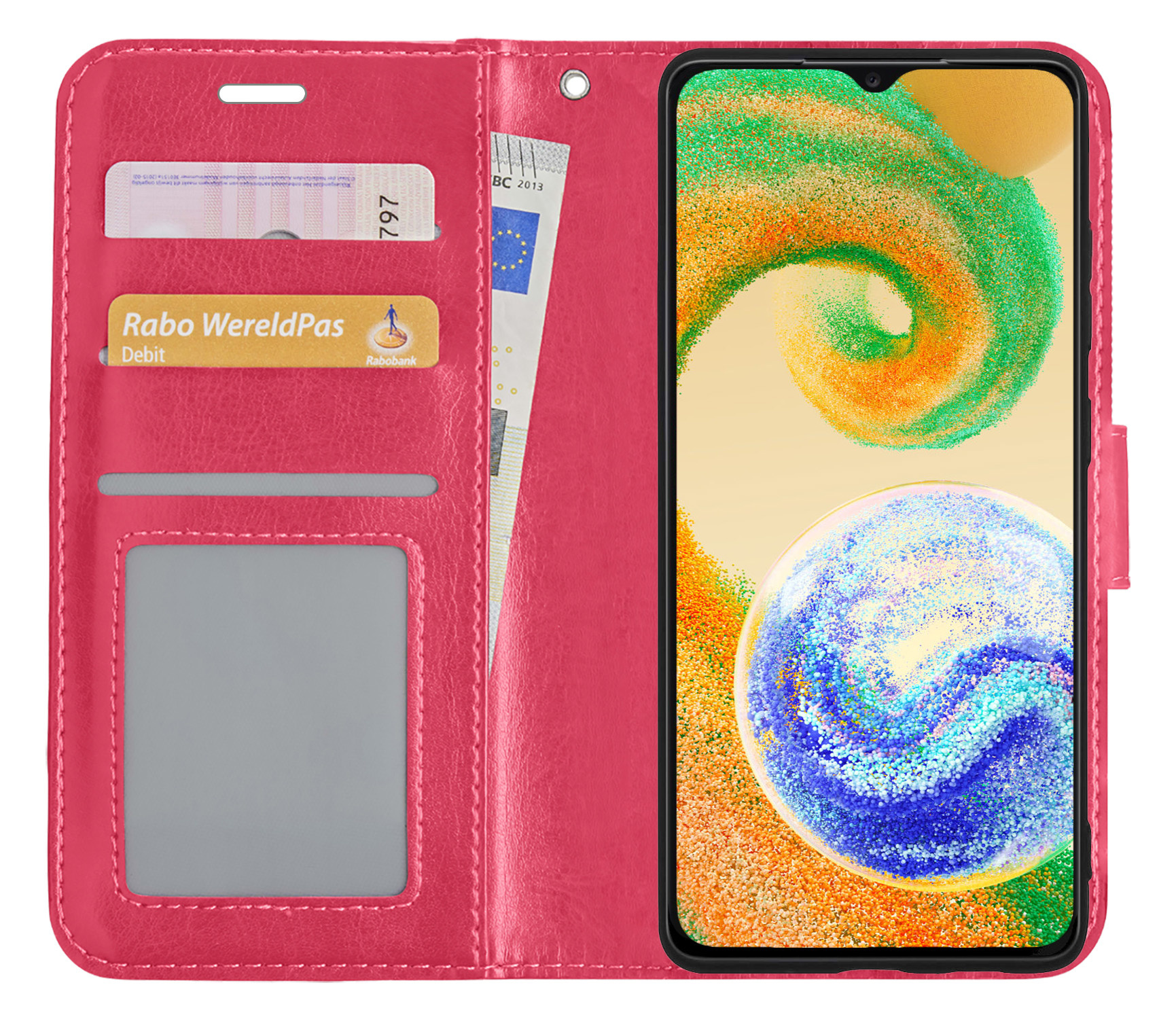 BASEY. Hoes Geschikt voor Samsung A04s Hoesje Bookcase Hoes Flip Case Book Cover Met 2x Screenprotector - Hoesje Geschikt voor Samsung Galaxy A04s Hoes Book Case Hoesje - Donkerroze