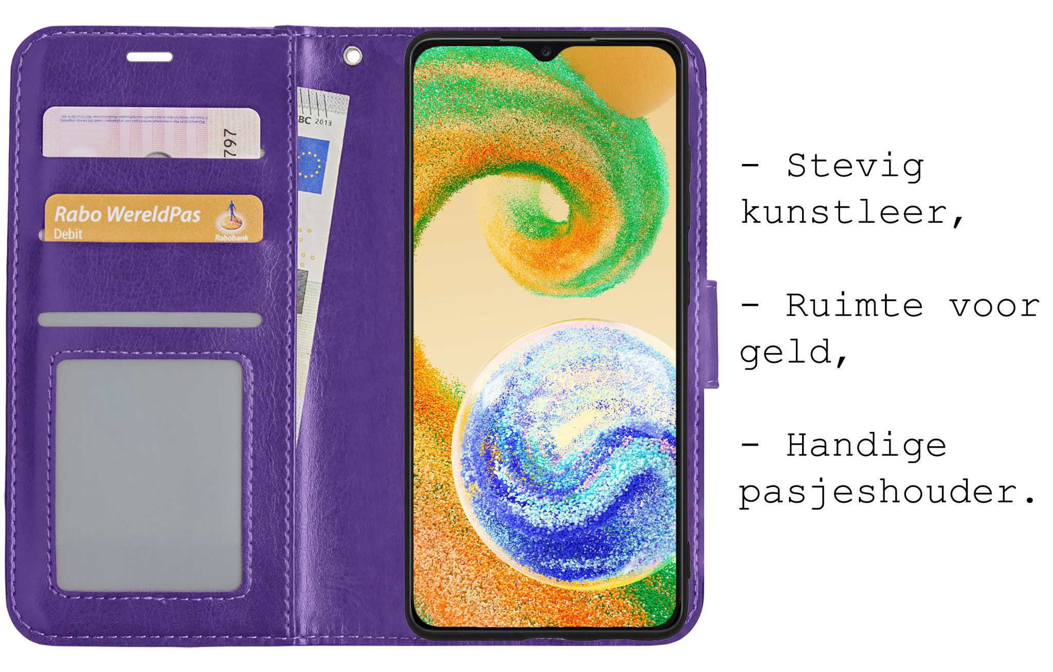 BASEY. Hoes Geschikt voor Samsung A04s Hoesje Bookcase Hoes Flip Case Book Cover Met 2x Screenprotector - Hoesje Geschikt voor Samsung Galaxy A04s Hoes Book Case Hoesje - Paars