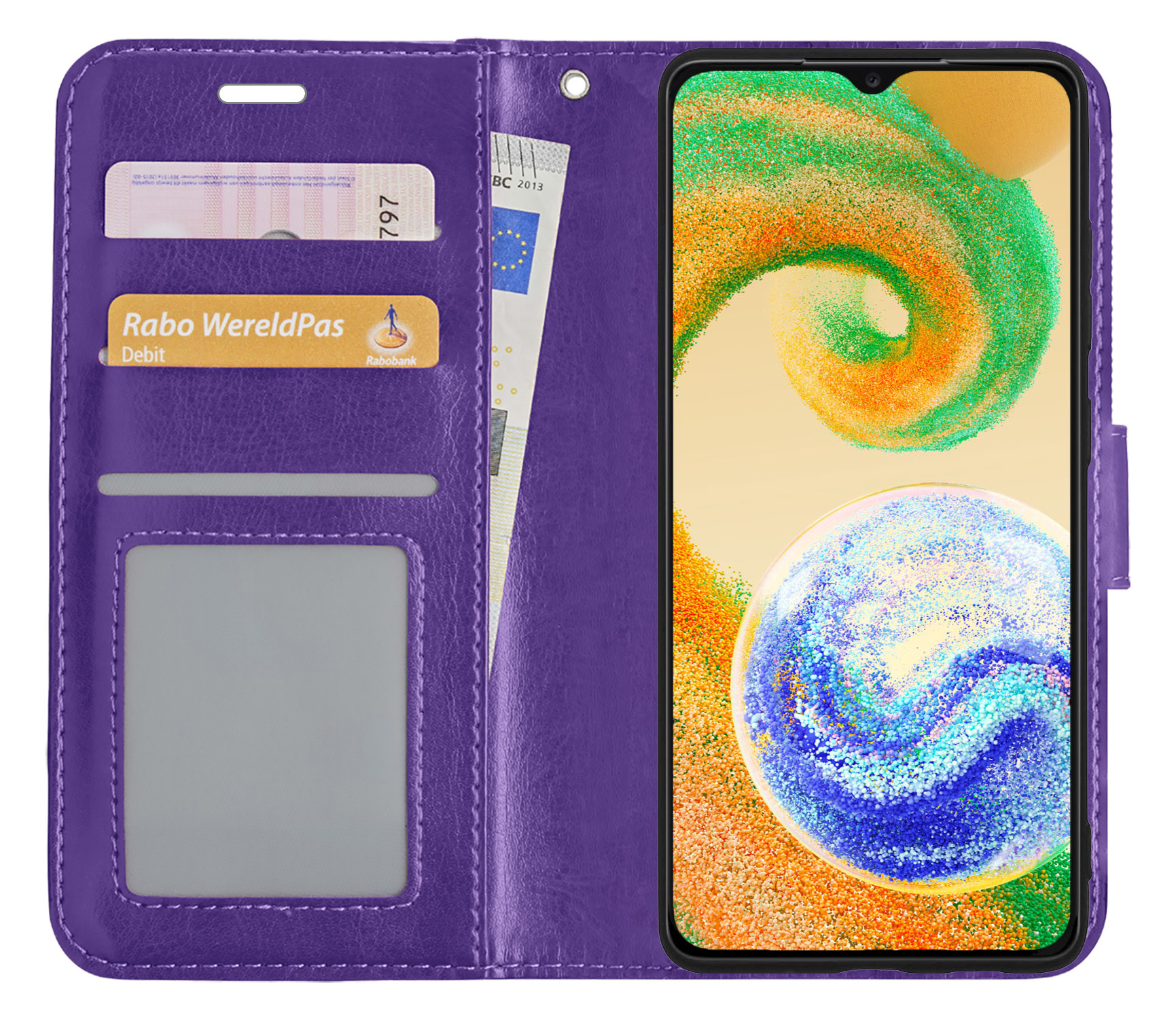 BASEY. Hoes Geschikt voor Samsung A04s Hoesje Bookcase Hoes Flip Case Book Cover Met 2x Screenprotector - Hoesje Geschikt voor Samsung Galaxy A04s Hoes Book Case Hoesje - Paars