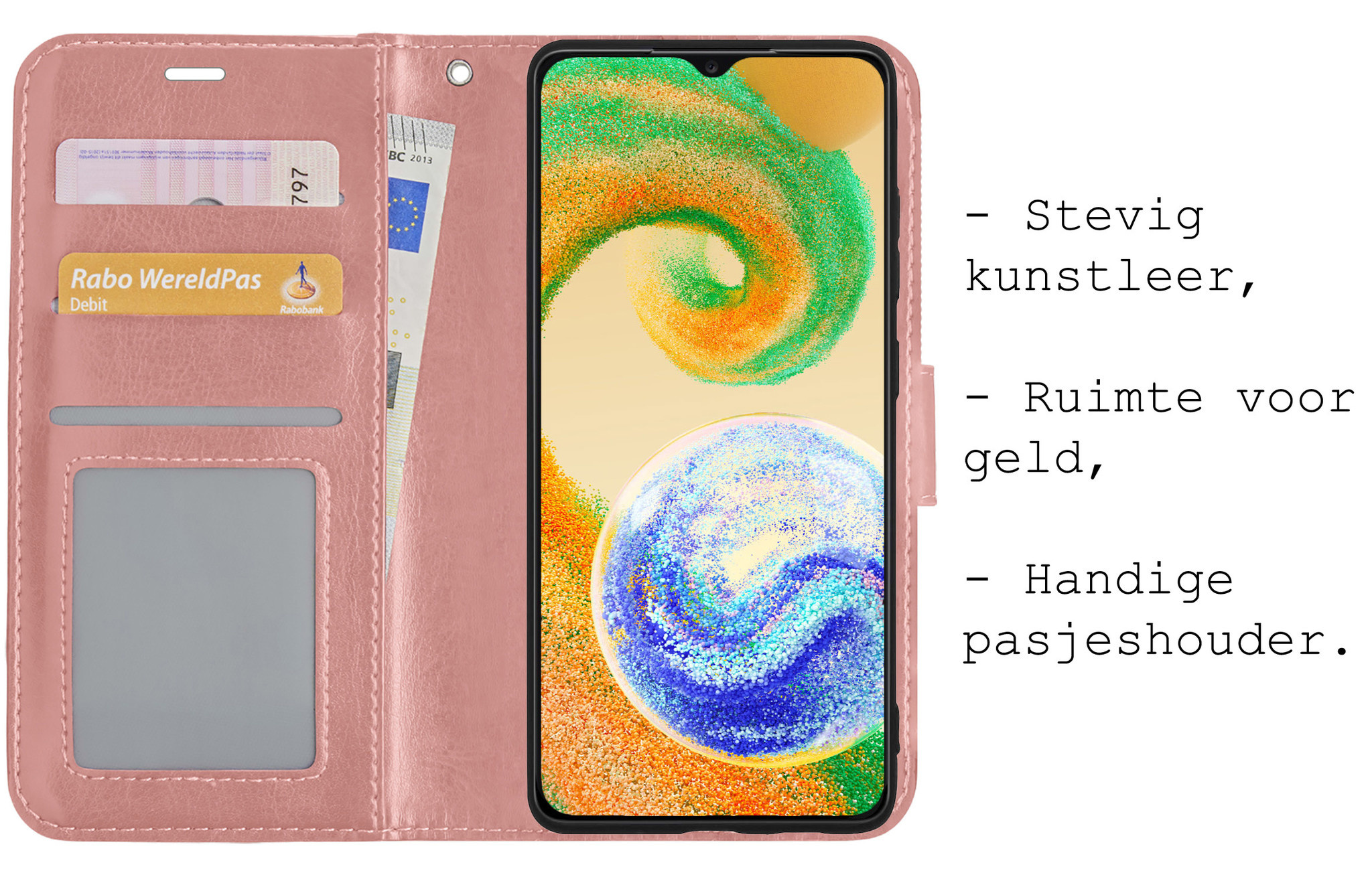 BASEY. Hoes Geschikt voor Samsung A04s Hoesje Bookcase Hoes Flip Case Book Cover Met 2x Screenprotector - Hoesje Geschikt voor Samsung Galaxy A04s Hoes Book Case Hoesje - Rosé goud