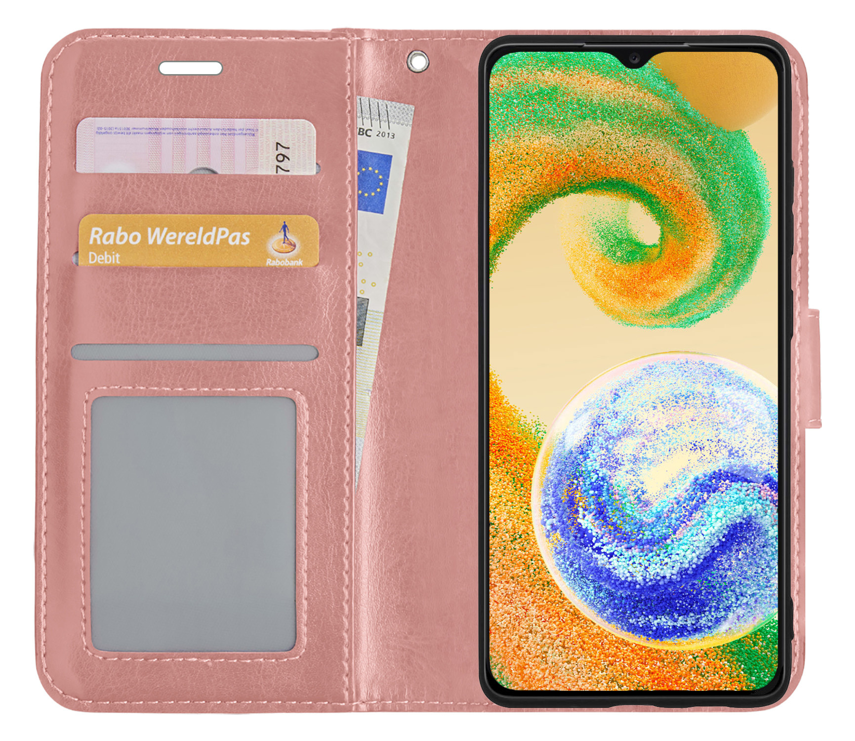 BASEY. Hoes Geschikt voor Samsung A04s Hoesje Bookcase Hoes Flip Case Book Cover Met 2x Screenprotector - Hoesje Geschikt voor Samsung Galaxy A04s Hoes Book Case Hoesje - Rosé goud