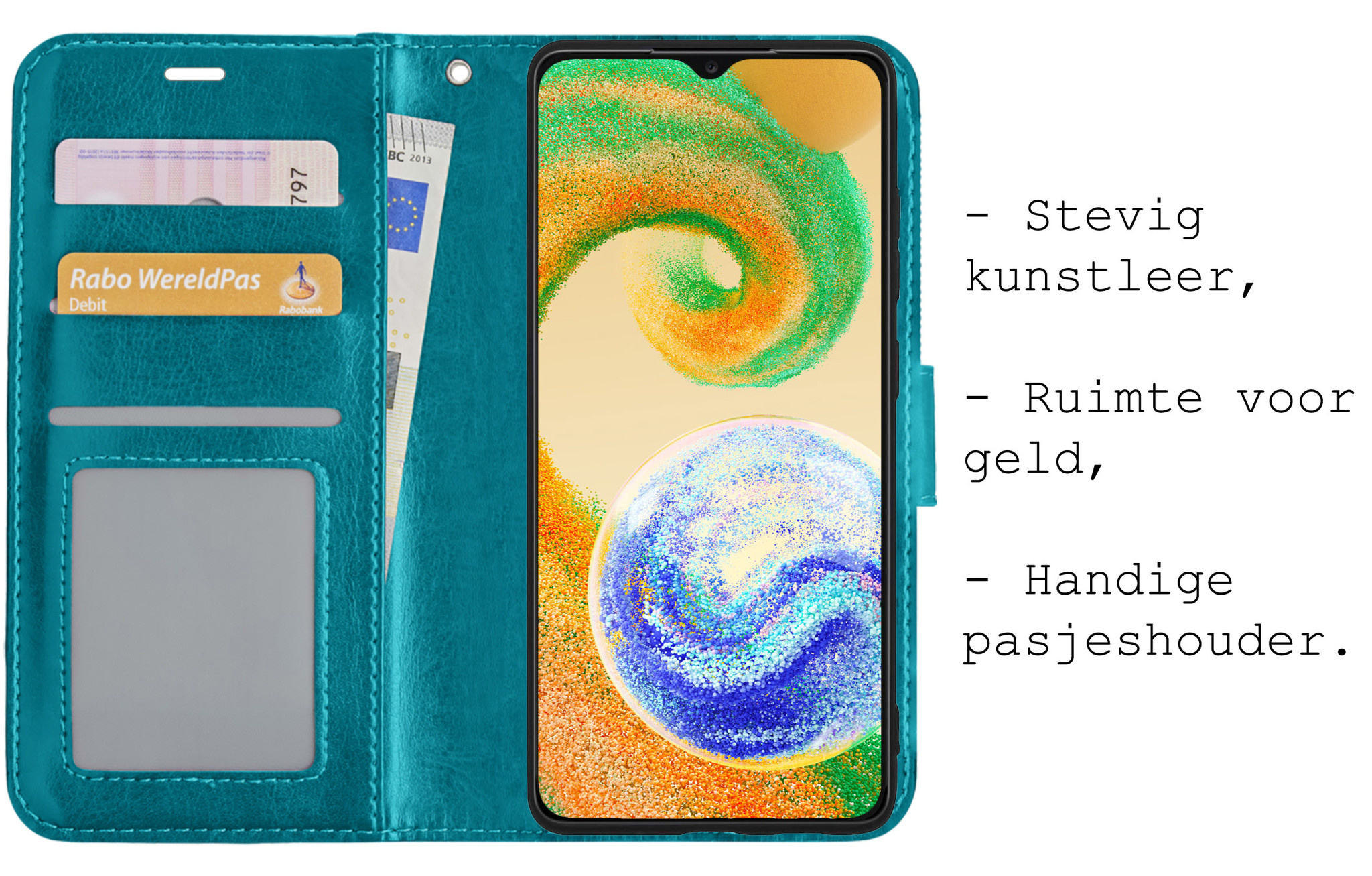 BASEY. Hoes Geschikt voor Samsung A04s Hoesje Bookcase Hoes Flip Case Book Cover Met 2x Screenprotector - Hoesje Geschikt voor Samsung Galaxy A04s Hoes Book Case Hoesje - Turquoise