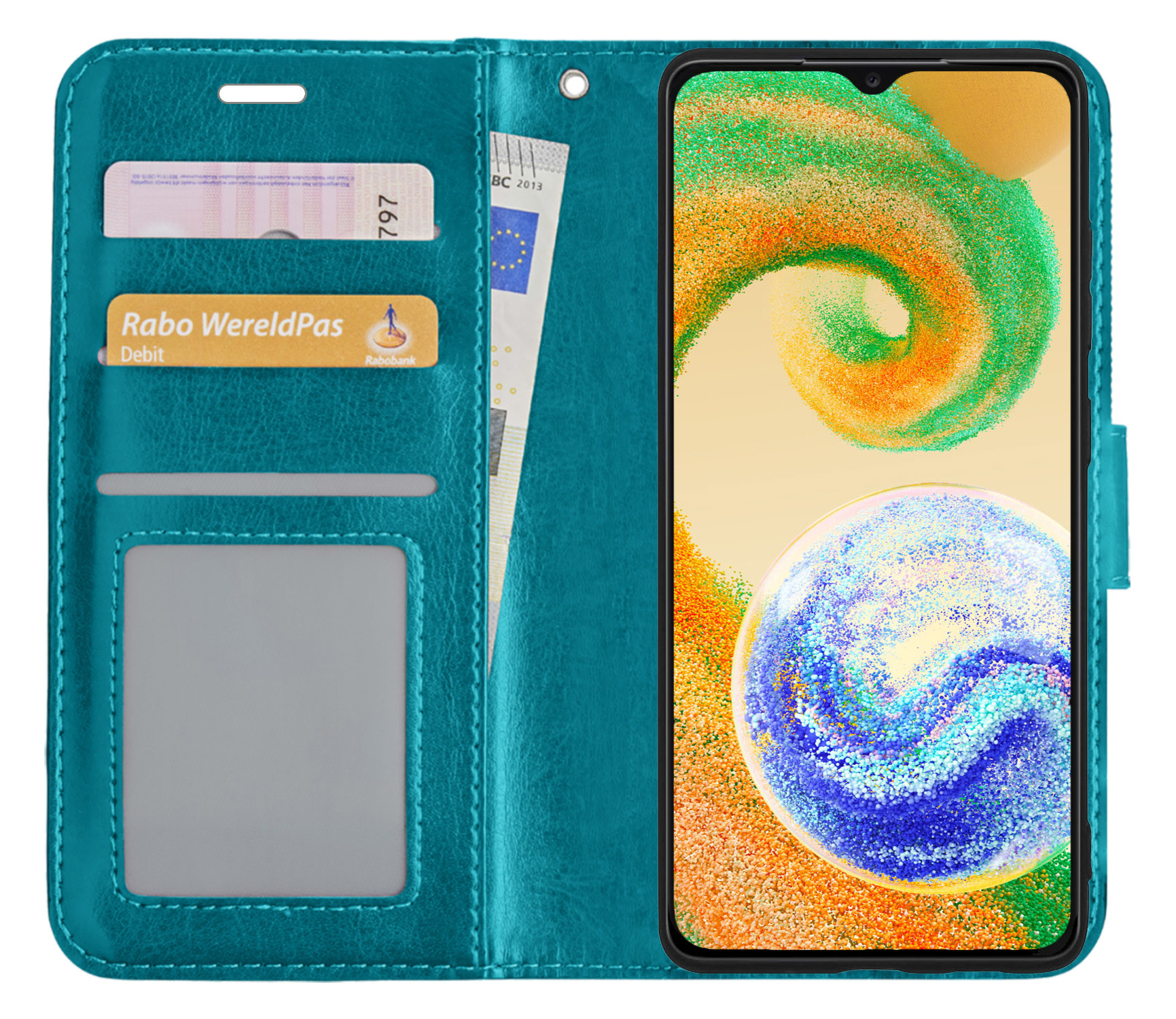 BASEY. Hoes Geschikt voor Samsung A04s Hoesje Bookcase Hoes Flip Case Book Cover Met 2x Screenprotector - Hoesje Geschikt voor Samsung Galaxy A04s Hoes Book Case Hoesje - Turquoise