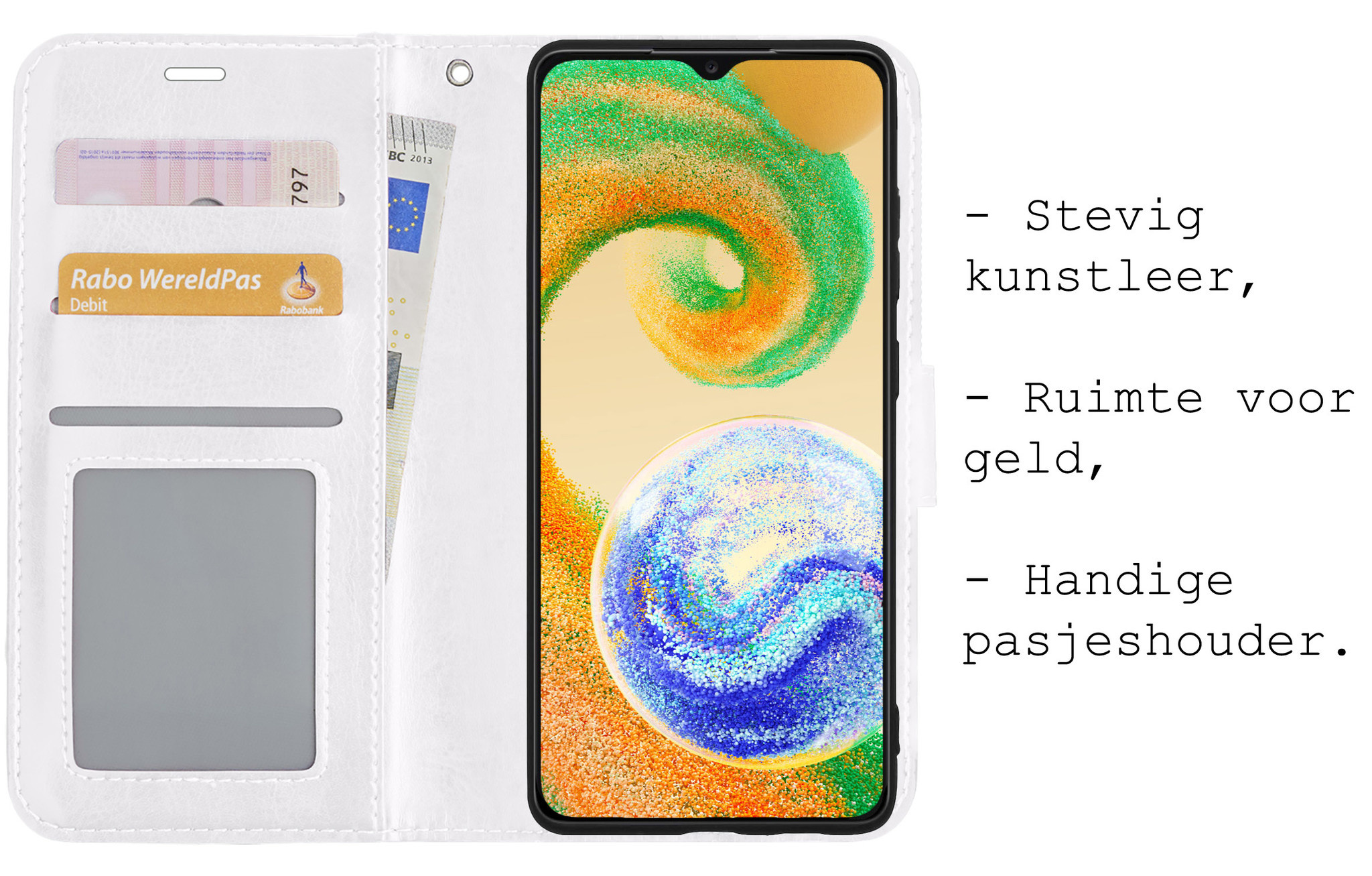 BASEY. Hoes Geschikt voor Samsung A04s Hoesje Bookcase Hoes Flip Case Book Cover Met 2x Screenprotector - Hoesje Geschikt voor Samsung Galaxy A04s Hoes Book Case Hoesje - Wit