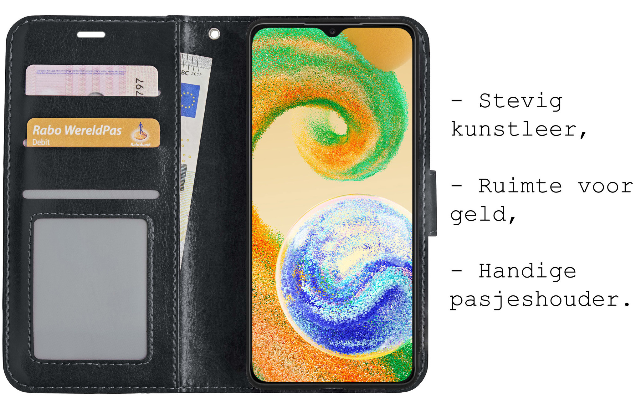 BASEY. Hoes Geschikt voor Samsung A04s Hoesje Bookcase Hoes Flip Case Book Cover Met 2x Screenprotector - Hoesje Geschikt voor Samsung Galaxy A04s Hoes Book Case Hoesje - Zwart