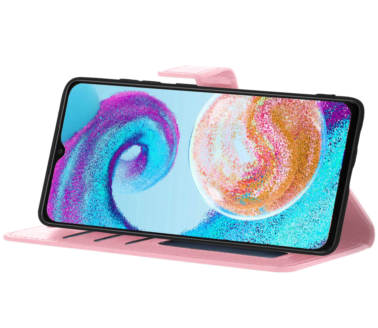 Nomfy Hoesje Geschikt voor Samsung A04s Hoes Bookcase Flipcase Book Cover Met 2x Screenprotector - Hoes Geschikt voor Samsung Galaxy A04s Hoesje Book Case - Lichtroze