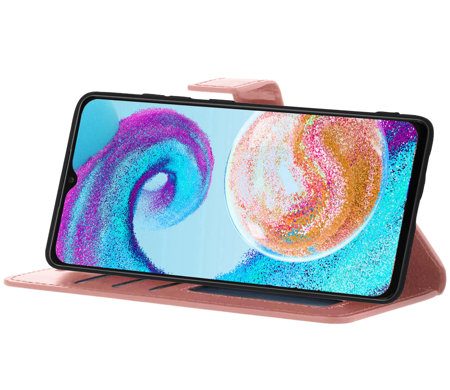 Nomfy Hoesje Geschikt voor Samsung A04s Hoes Bookcase Flipcase Book Cover Met 2x Screenprotector - Hoes Geschikt voor Samsung Galaxy A04s Hoesje Book Case - Rosé goud