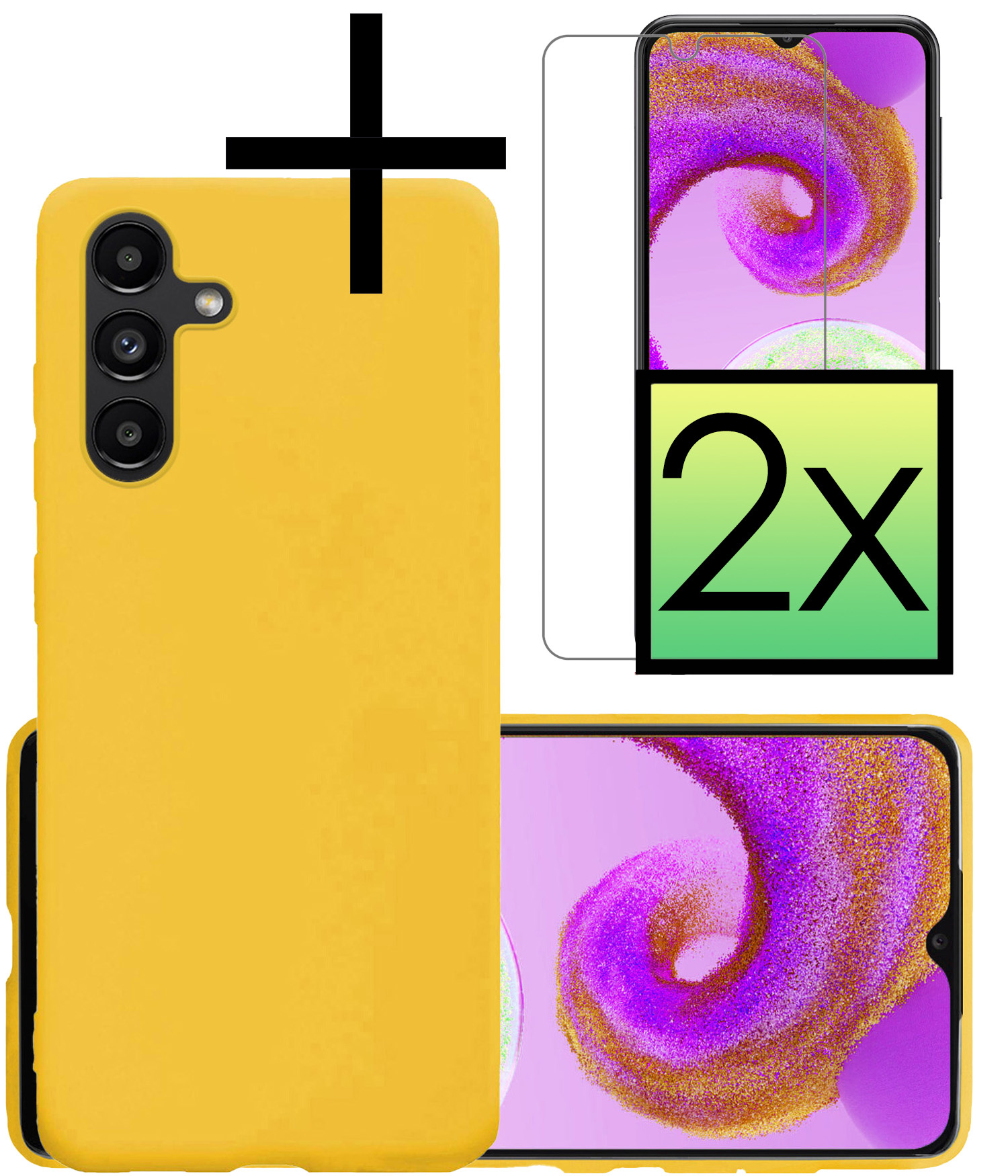 NoXx Hoes Geschikt voor Samsung A04s Hoesje Cover Siliconen Back Case Hoes Met 2x Screenprotector - Geel
