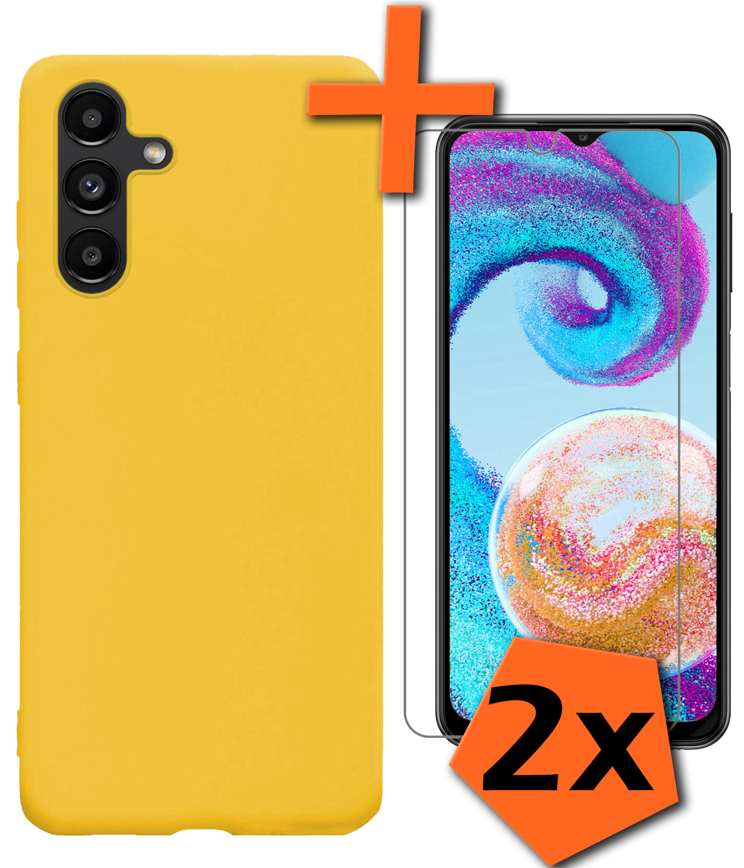 Nomfy Hoesje Geschikt voor Samsung A04s Hoesje Siliconen Cover Case Met 2x Screenprotector - Hoes Geschikt voor Samsung Galaxy A04s Hoes Back Case - Geel