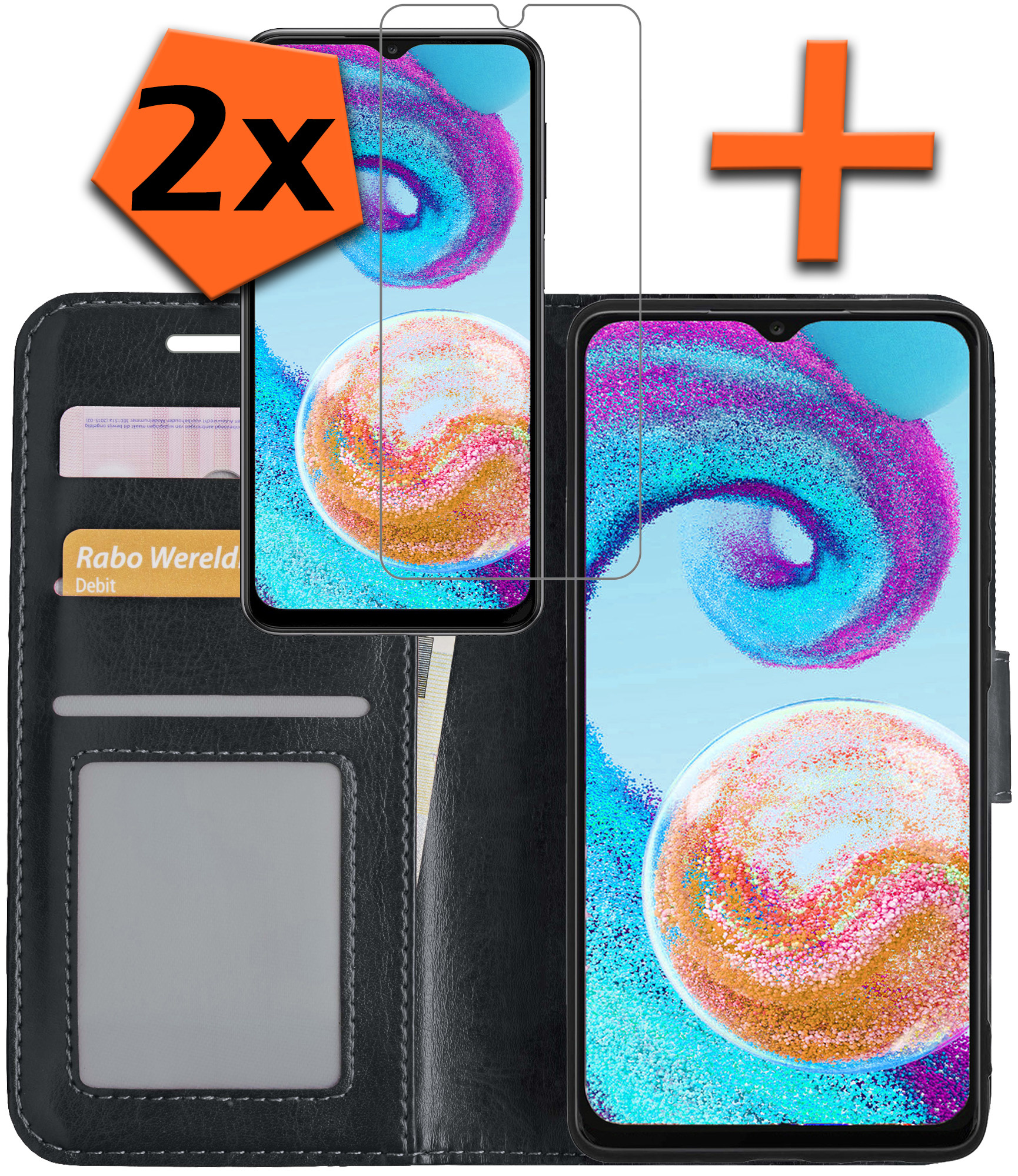 Nomfy Hoesje Geschikt voor Samsung A04s Hoes Bookcase Flipcase Book Cover Met 2x Screenprotector - Hoes Geschikt voor Samsung Galaxy A04s Hoesje Book Case - Zwart