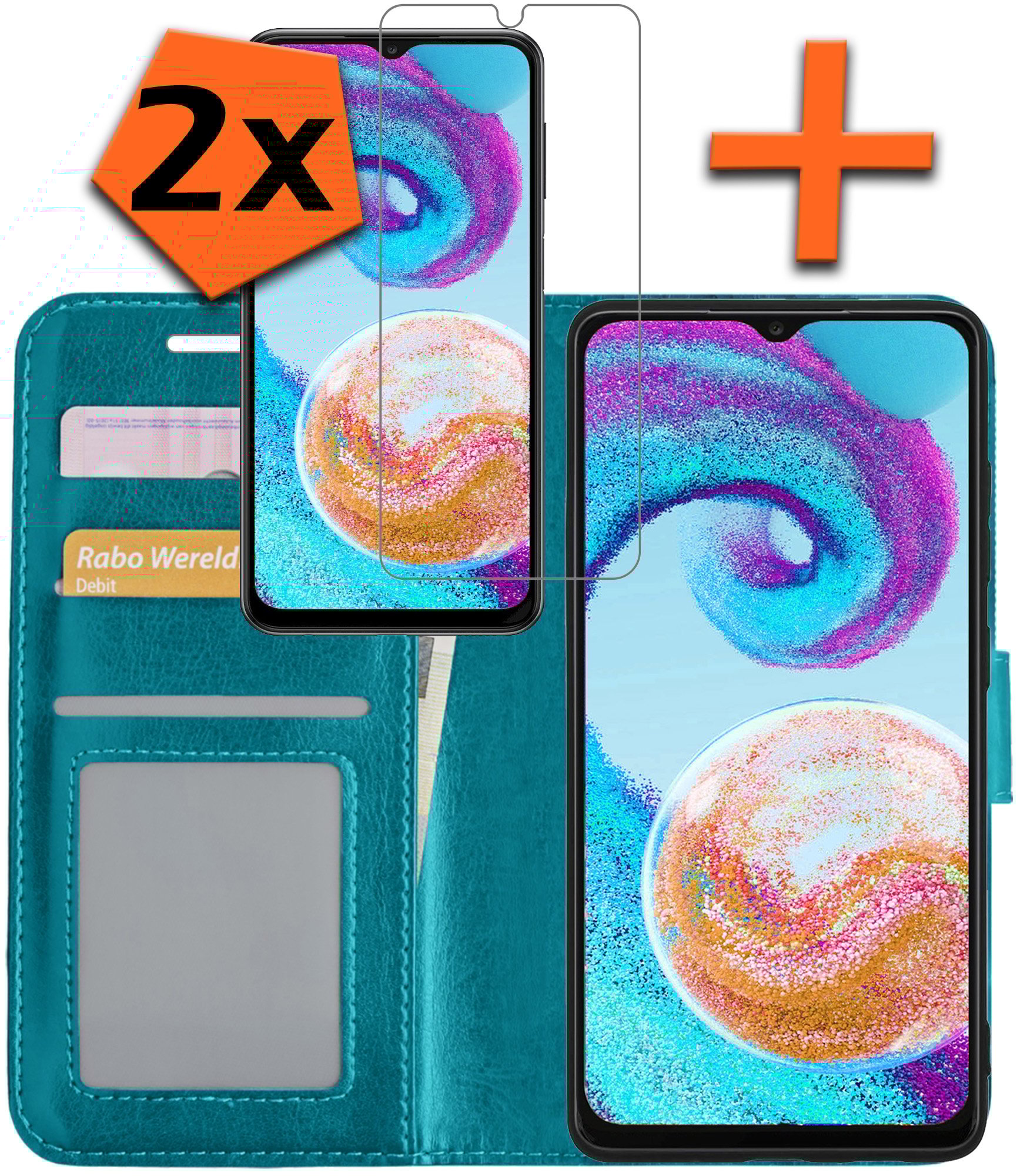 Nomfy Hoesje Geschikt voor Samsung A04s Hoes Bookcase Flipcase Book Cover Met 2x Screenprotector - Hoes Geschikt voor Samsung Galaxy A04s Hoesje Book Case - Turquoise