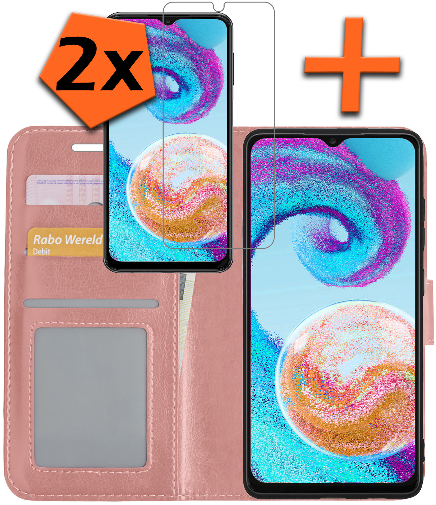 Nomfy Hoesje Geschikt voor Samsung A04s Hoes Bookcase Flipcase Book Cover Met 2x Screenprotector - Hoes Geschikt voor Samsung Galaxy A04s Hoesje Book Case - Rosé goud