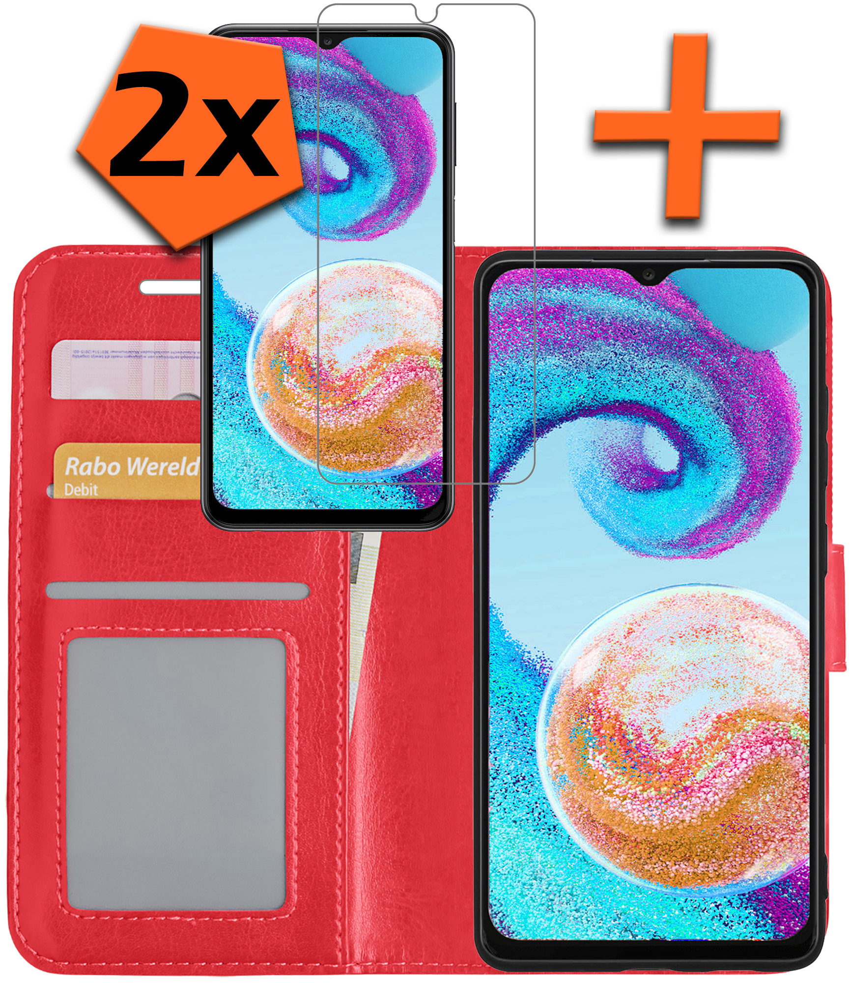 Nomfy Hoesje Geschikt voor Samsung A04s Hoes Bookcase Flipcase Book Cover Met 2x Screenprotector - Hoes Geschikt voor Samsung Galaxy A04s Hoesje Book Case - Rood