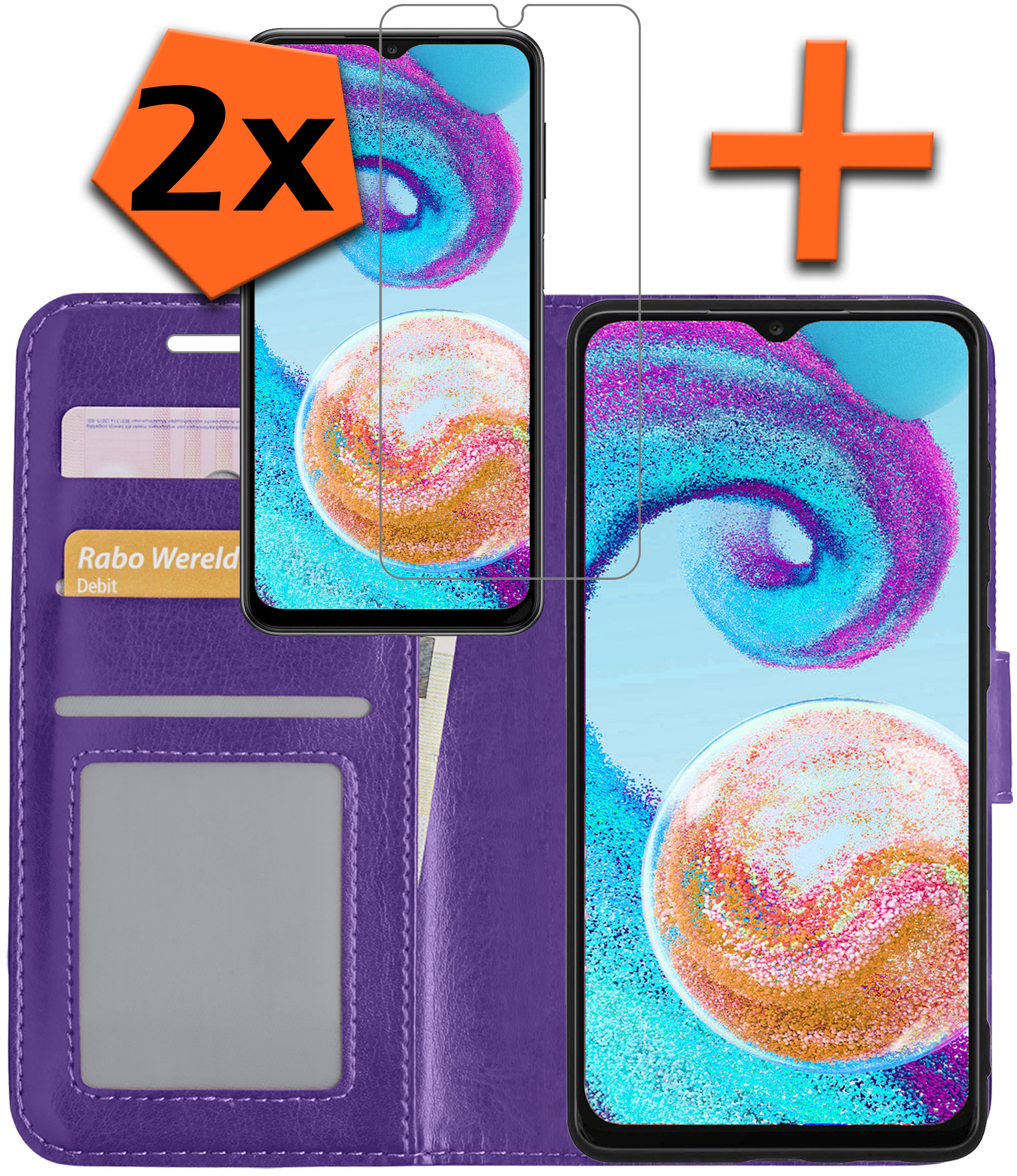 Nomfy Hoesje Geschikt voor Samsung A04s Hoes Bookcase Flipcase Book Cover Met 2x Screenprotector - Hoes Geschikt voor Samsung Galaxy A04s Hoesje Book Case - Paars