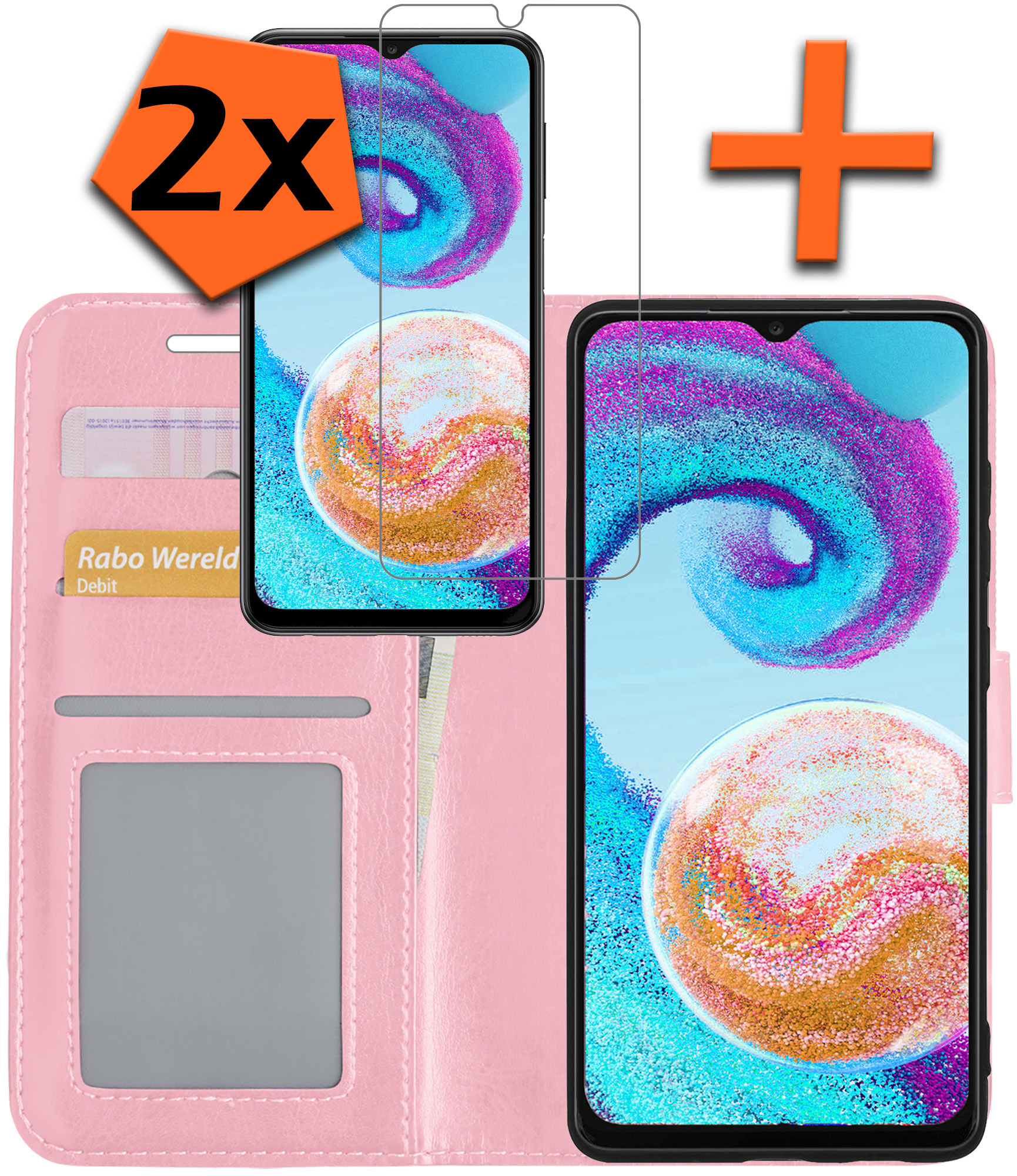 Nomfy Hoesje Geschikt voor Samsung A04s Hoes Bookcase Flipcase Book Cover Met 2x Screenprotector - Hoes Geschikt voor Samsung Galaxy A04s Hoesje Book Case - Lichtroze