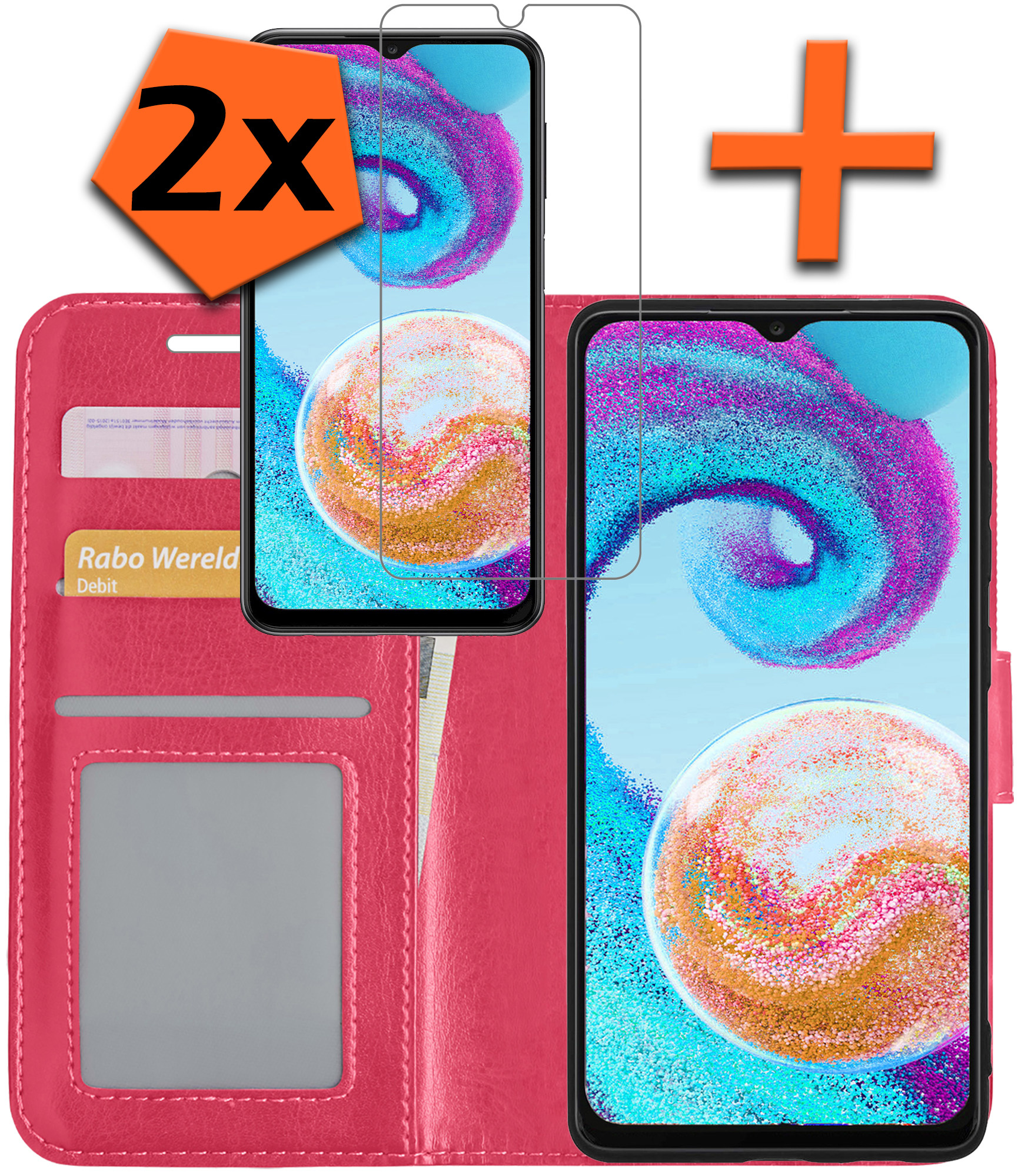 Nomfy Hoesje Geschikt voor Samsung A04s Hoes Bookcase Flipcase Book Cover Met 2x Screenprotector - Hoes Geschikt voor Samsung Galaxy A04s Hoesje Book Case - Donkerroze