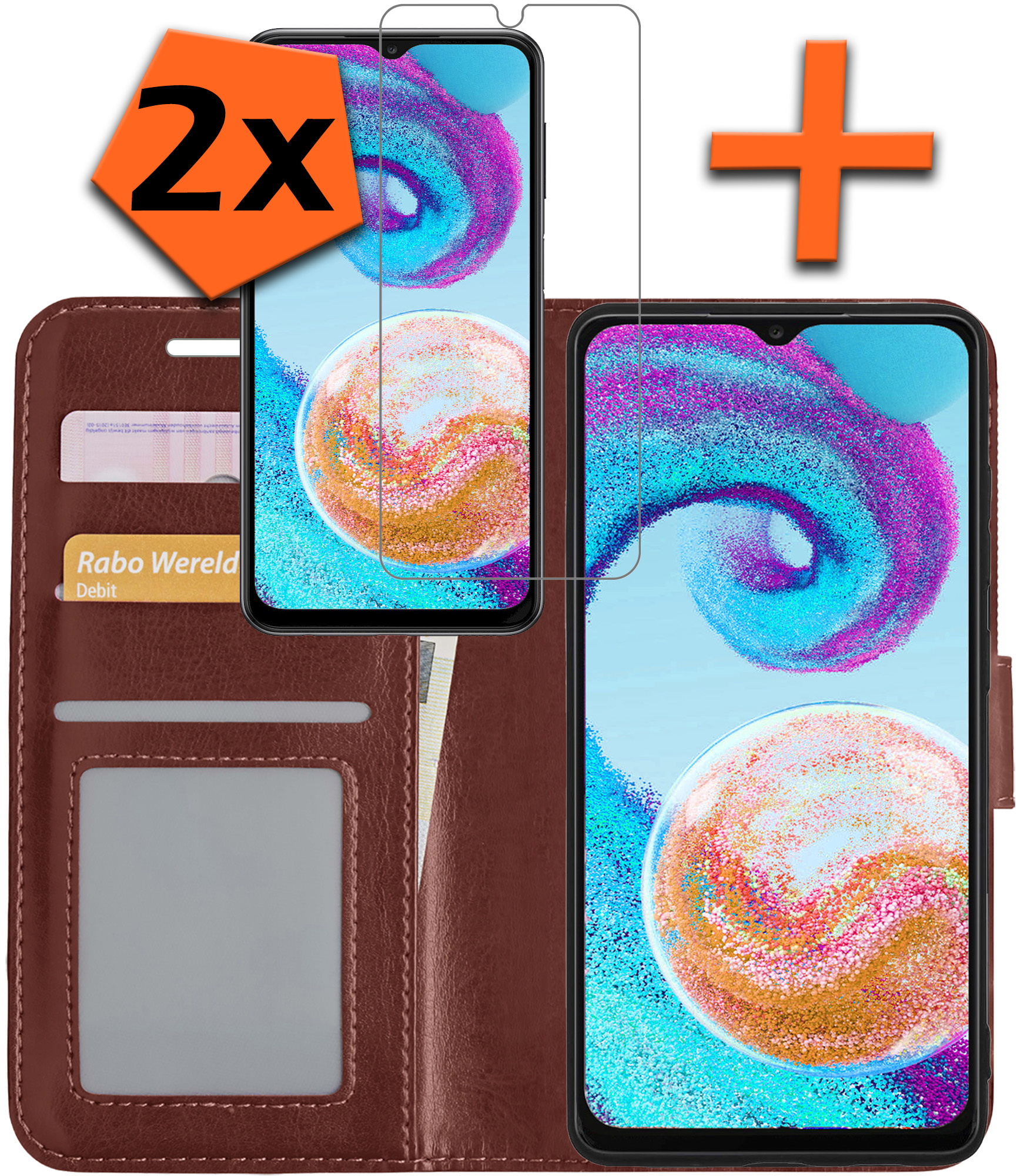 Nomfy Hoesje Geschikt voor Samsung A04s Hoes Bookcase Flipcase Book Cover Met 2x Screenprotector - Hoes Geschikt voor Samsung Galaxy A04s Hoesje Book Case - Bruin
