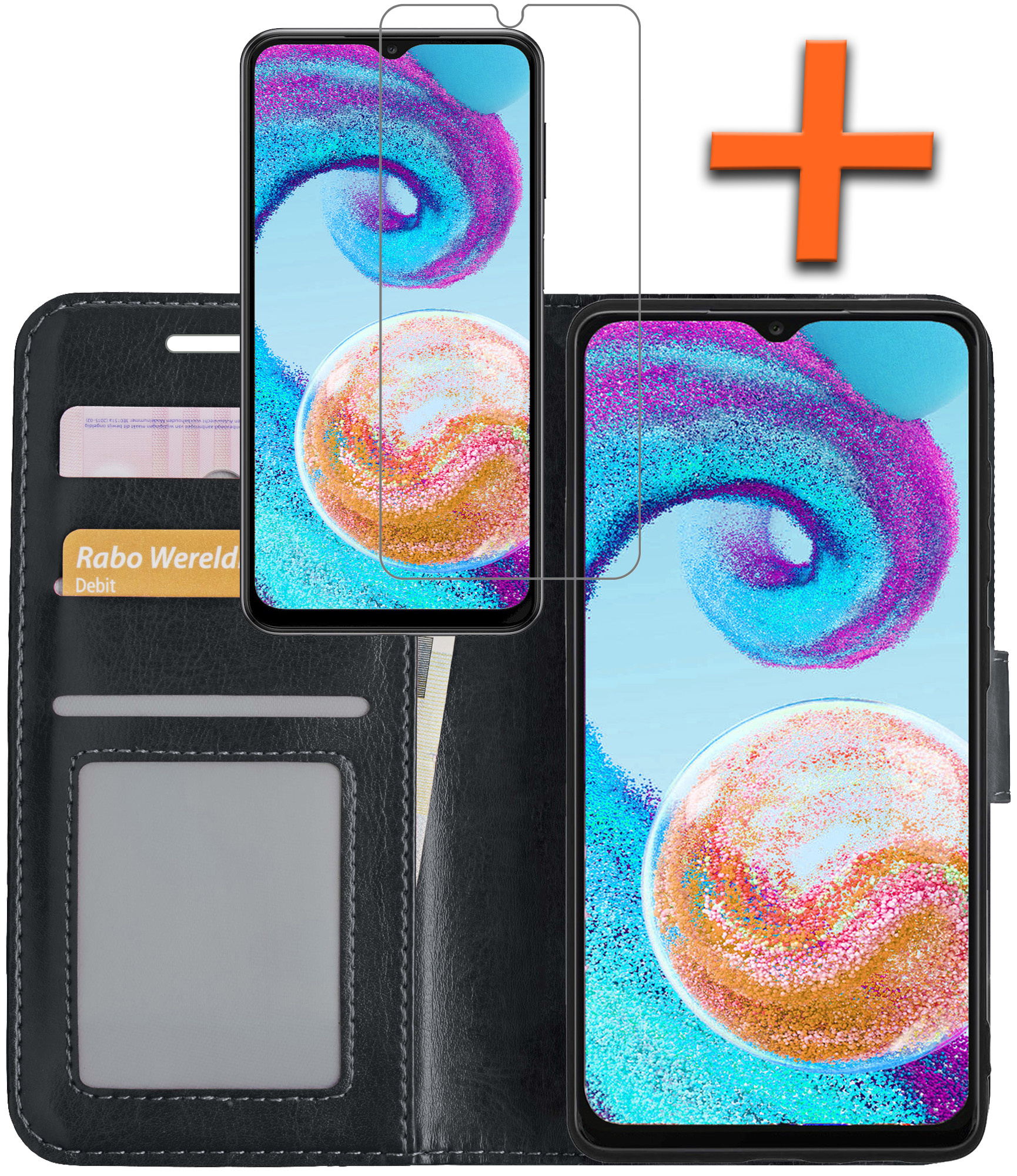 Nomfy Hoesje Geschikt voor Samsung A04s Hoes Bookcase Flipcase Book Cover Met Screenprotector - Hoes Geschikt voor Samsung Galaxy A04s Hoesje Book Case - Zwart
