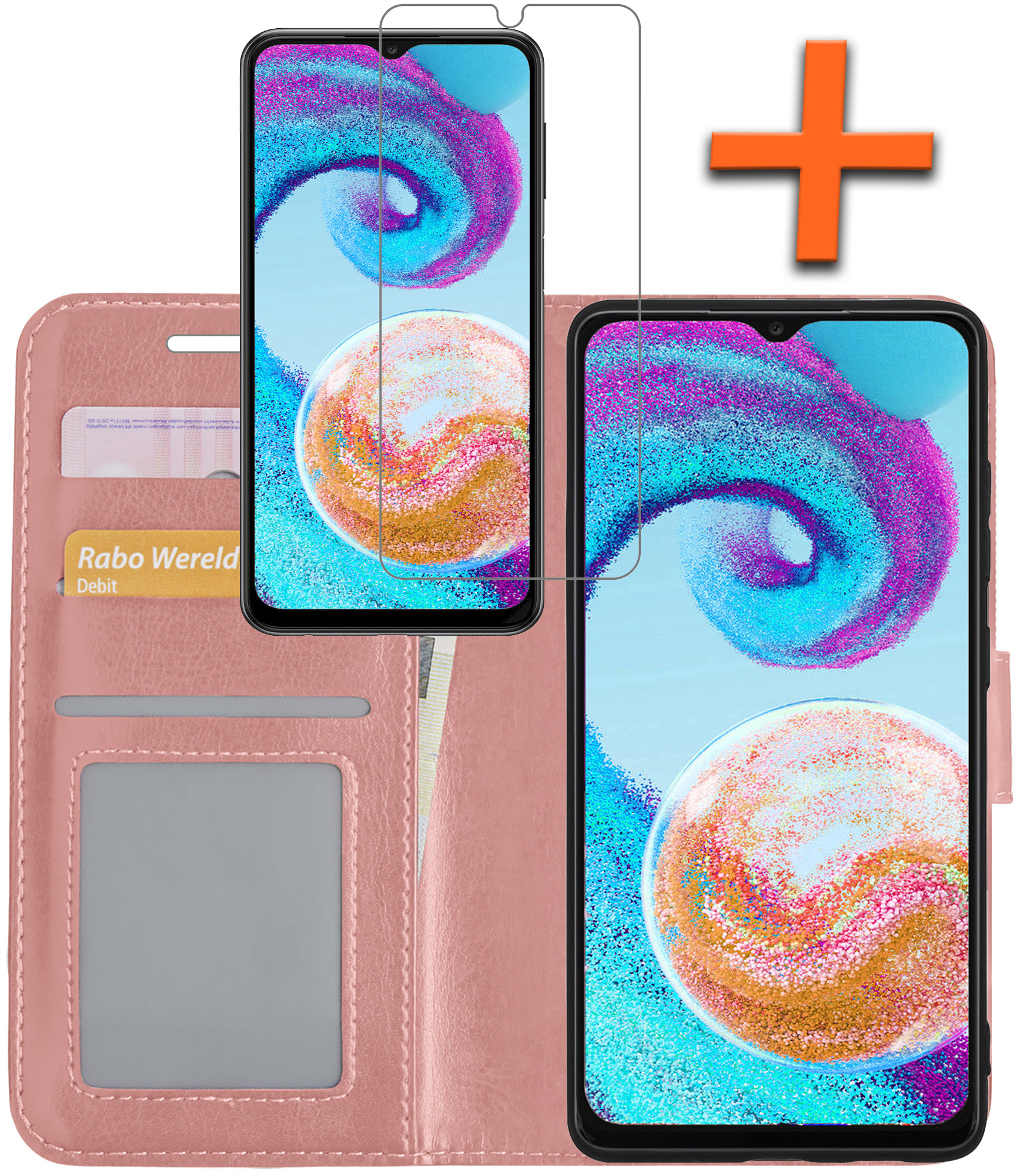 Nomfy Hoesje Geschikt voor Samsung A04s Hoes Bookcase Flipcase Book Cover Met Screenprotector - Hoes Geschikt voor Samsung Galaxy A04s Hoesje Book Case - Rosé goud