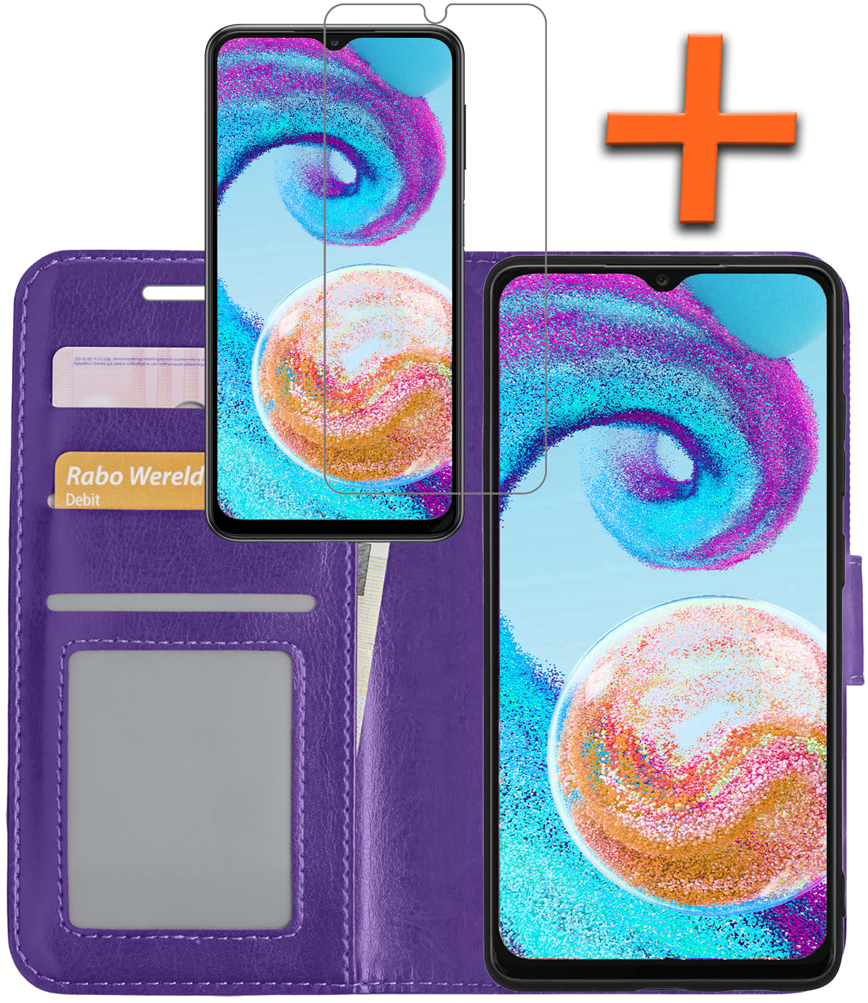 Nomfy Hoesje Geschikt voor Samsung A04s Hoes Bookcase Flipcase Book Cover Met Screenprotector - Hoes Geschikt voor Samsung Galaxy A04s Hoesje Book Case - Paars