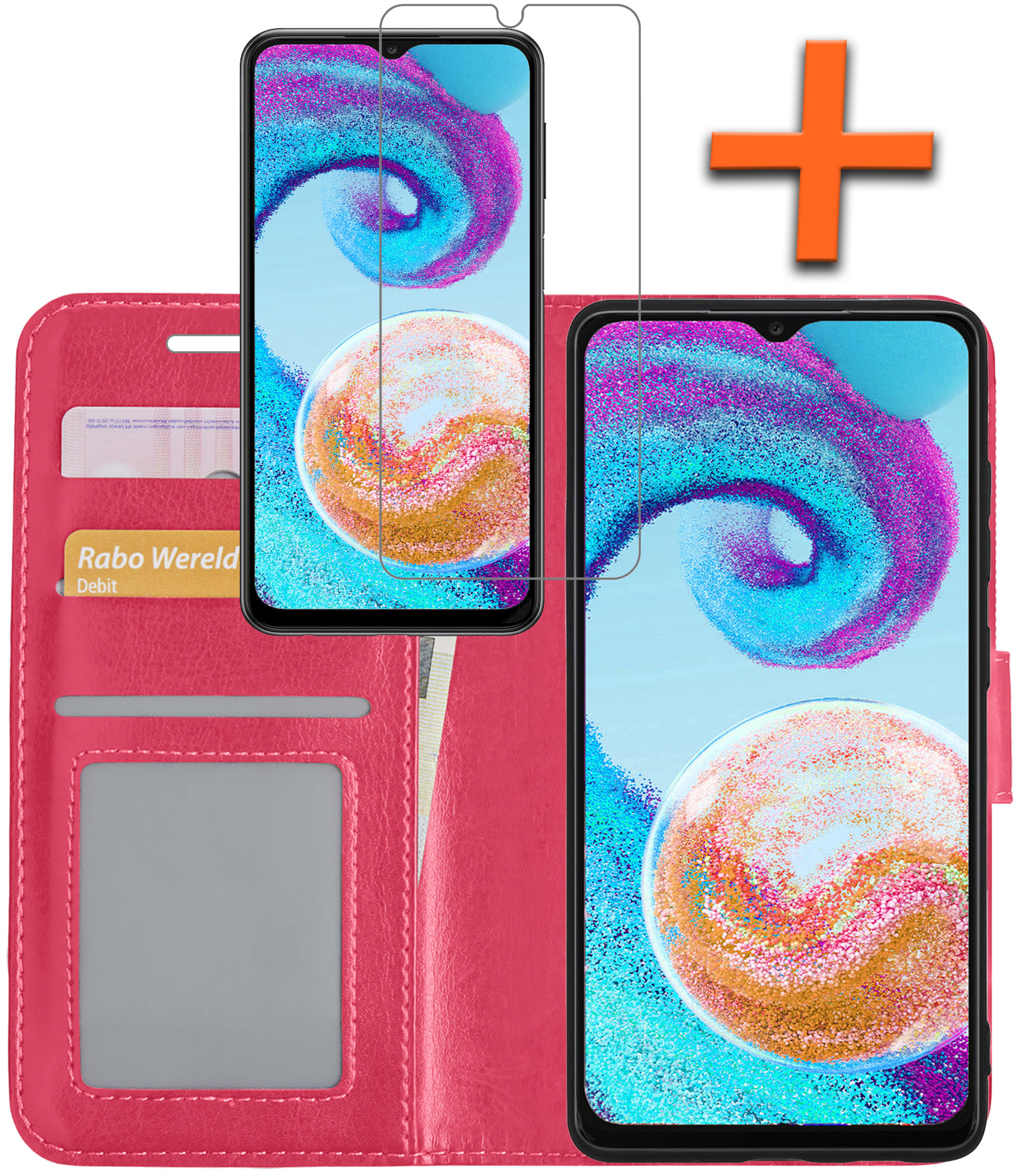 Nomfy Hoesje Geschikt voor Samsung A04s Hoes Bookcase Flipcase Book Cover Met Screenprotector - Hoes Geschikt voor Samsung Galaxy A04s Hoesje Book Case - Donkerroze