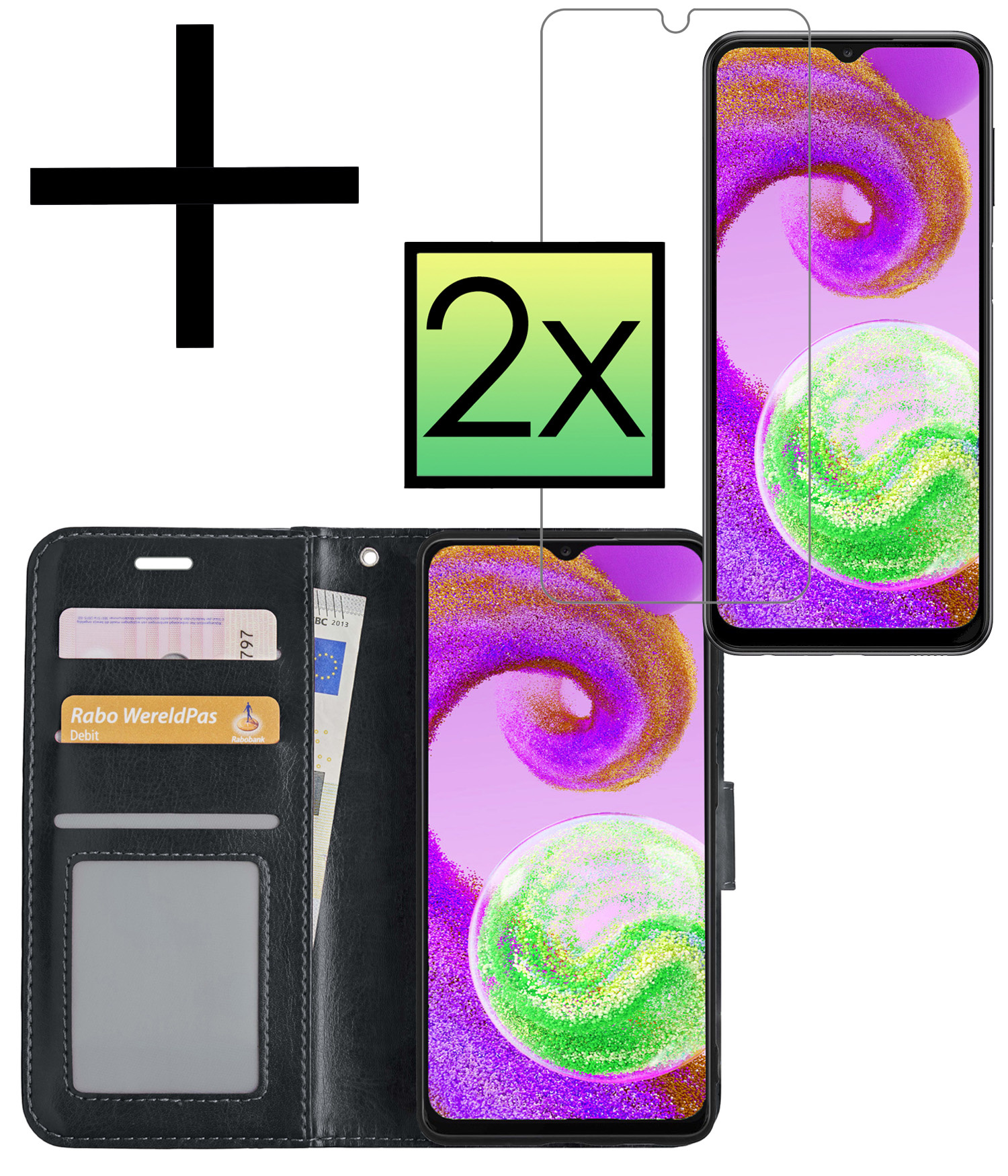NoXx Hoes Geschikt voor Samsung A04s Hoesje Book Case Hoes Flip Cover Wallet Bookcase Met 2x Screenprotector - Zwart
