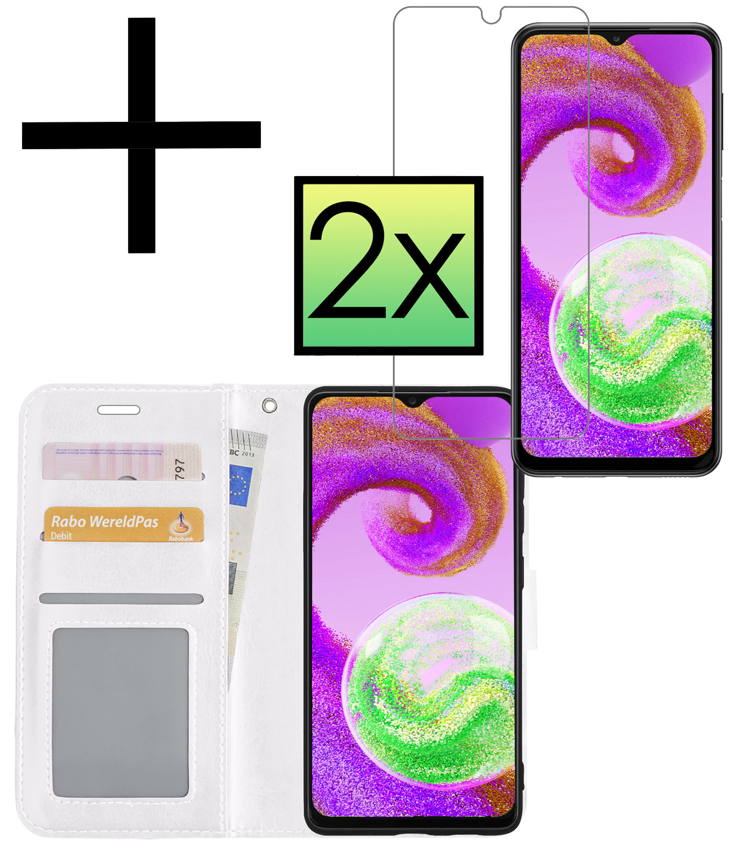 NoXx Hoes Geschikt voor Samsung A04s Hoesje Book Case Hoes Flip Cover Wallet Bookcase Met 2x Screenprotector - Wit