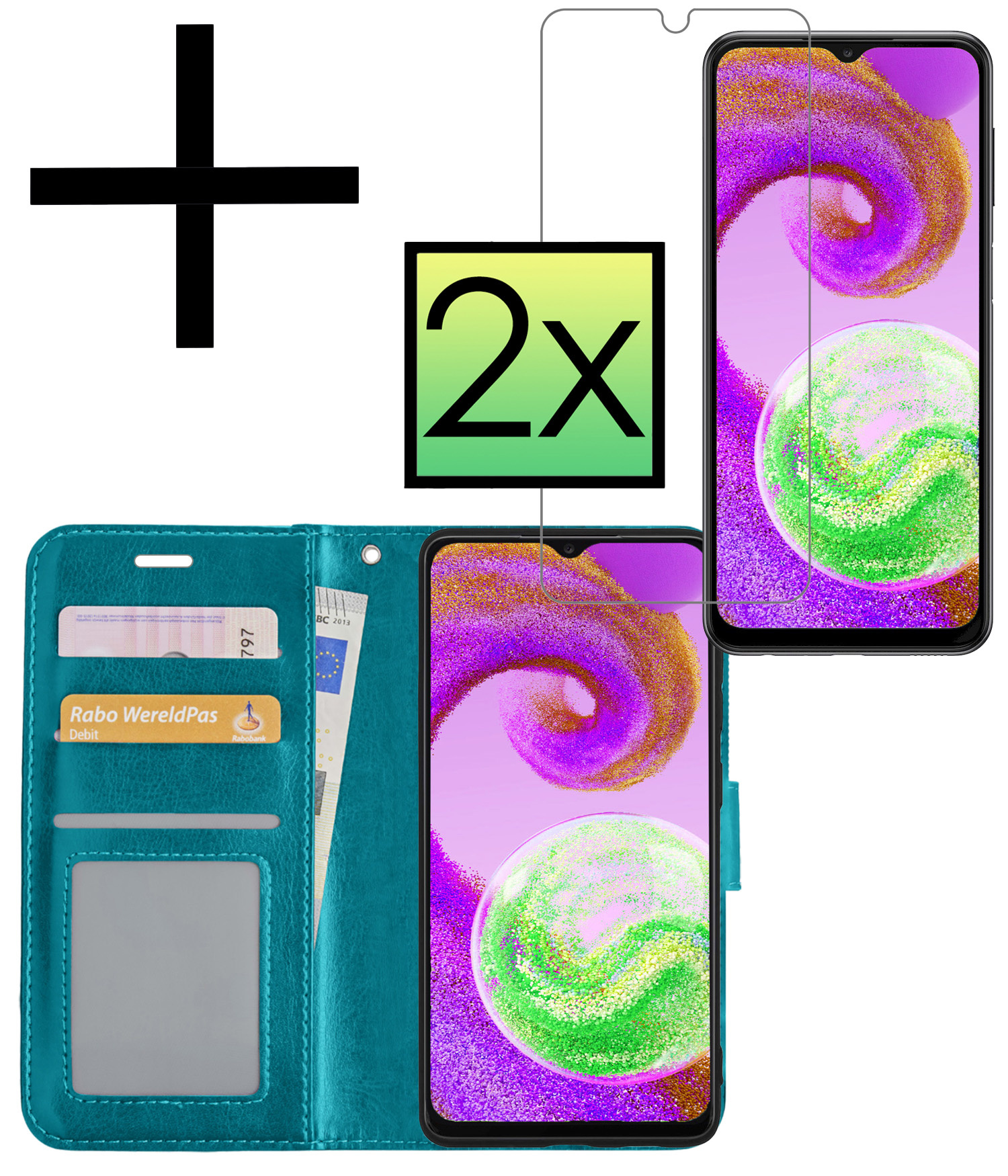 NoXx Hoes Geschikt voor Samsung A04s Hoesje Book Case Hoes Flip Cover Wallet Bookcase Met 2x Screenprotector - Turquoise