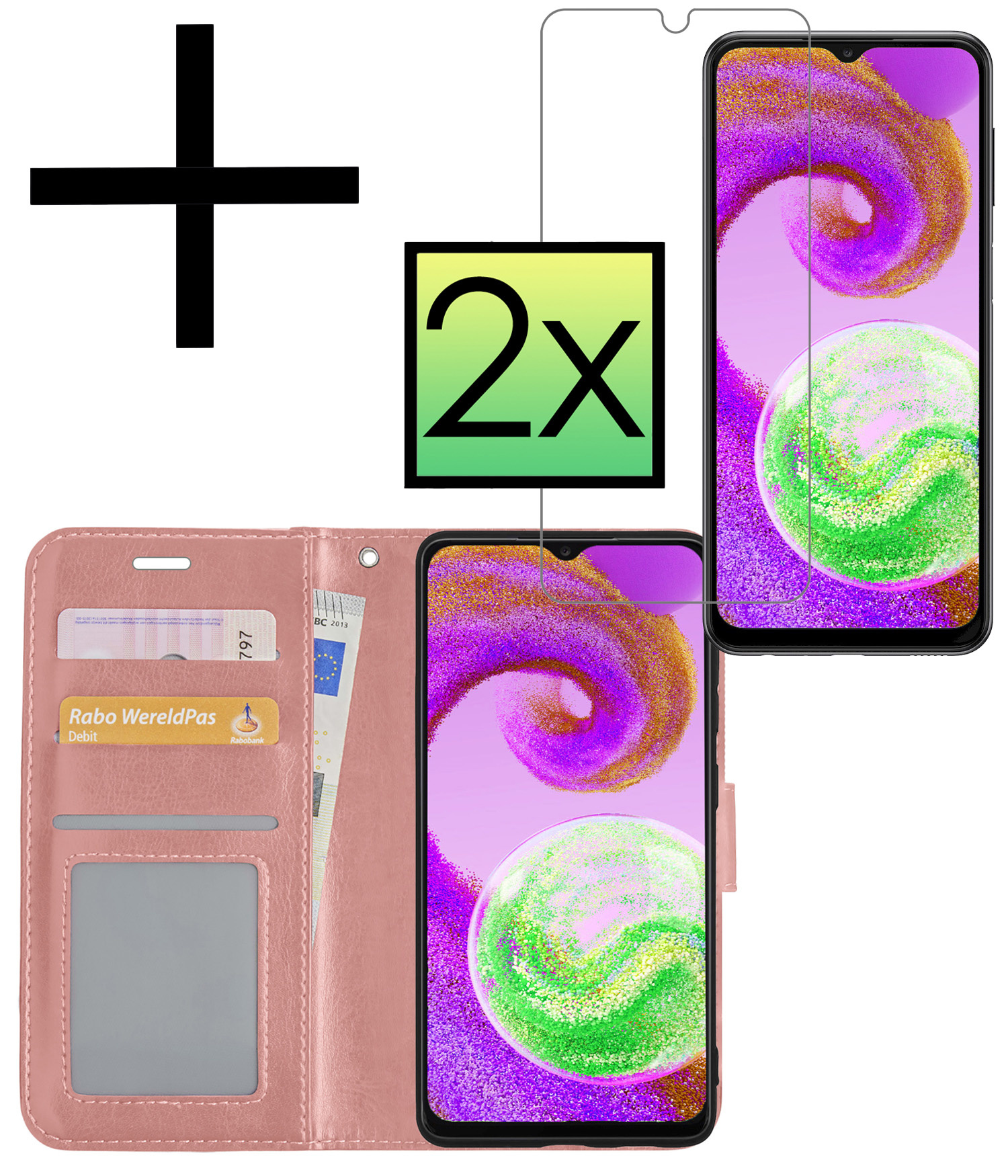 NoXx Hoes Geschikt voor Samsung A04s Hoesje Book Case Hoes Flip Cover Wallet Bookcase Met 2x Screenprotector - Rosé goud