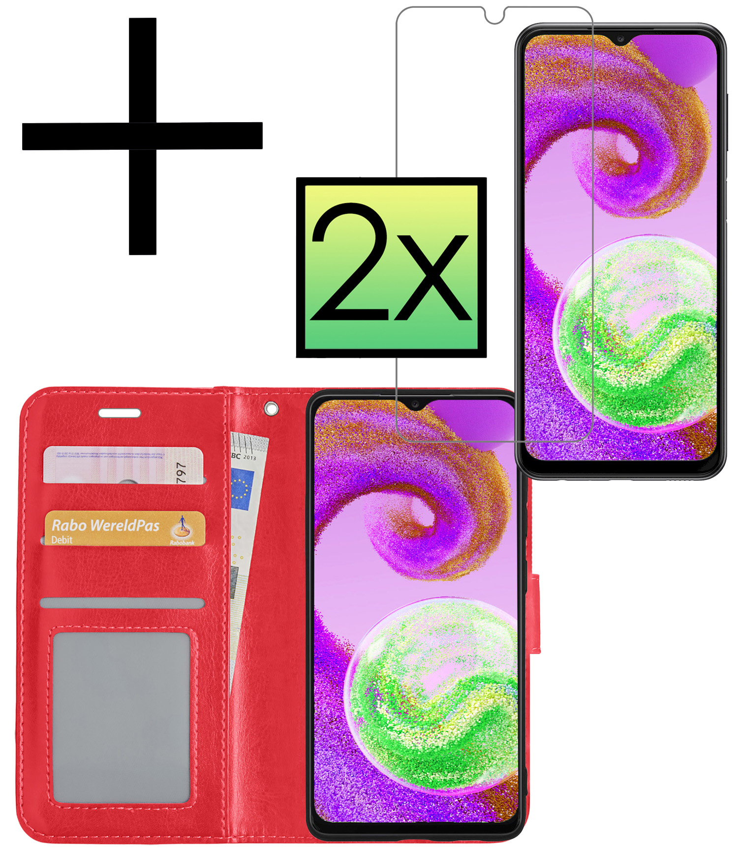 NoXx Hoes Geschikt voor Samsung A04s Hoesje Book Case Hoes Flip Cover Wallet Bookcase Met 2x Screenprotector - Rood