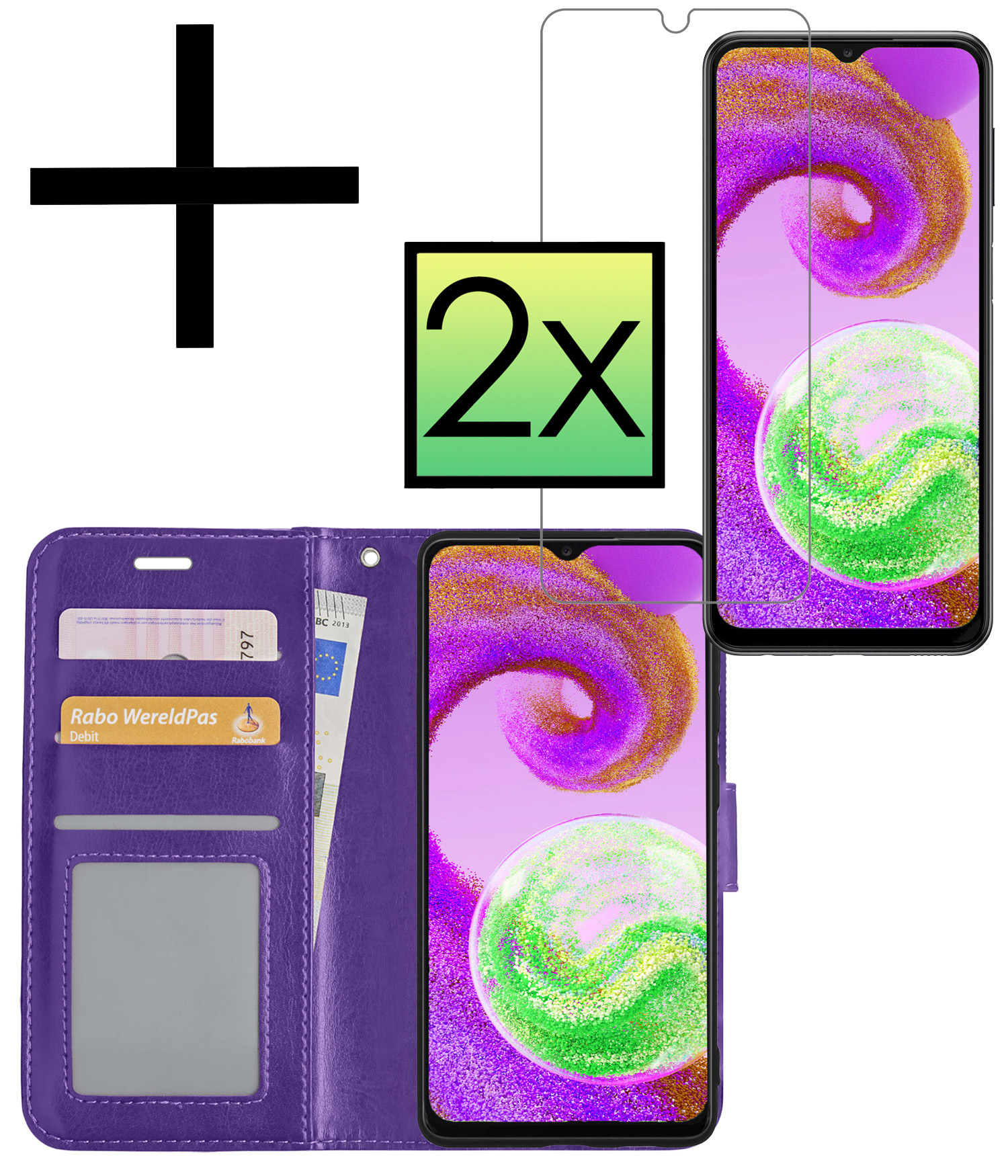 NoXx Hoes Geschikt voor Samsung A04s Hoesje Book Case Hoes Flip Cover Wallet Bookcase Met 2x Screenprotector - Paars